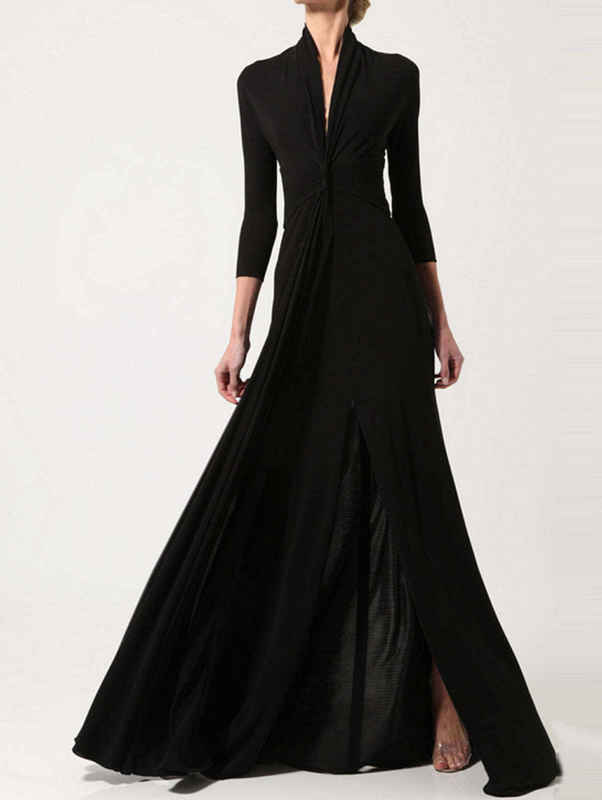 Elegant V Neck 3/4 Sleeve Floor-length Flowy Dress