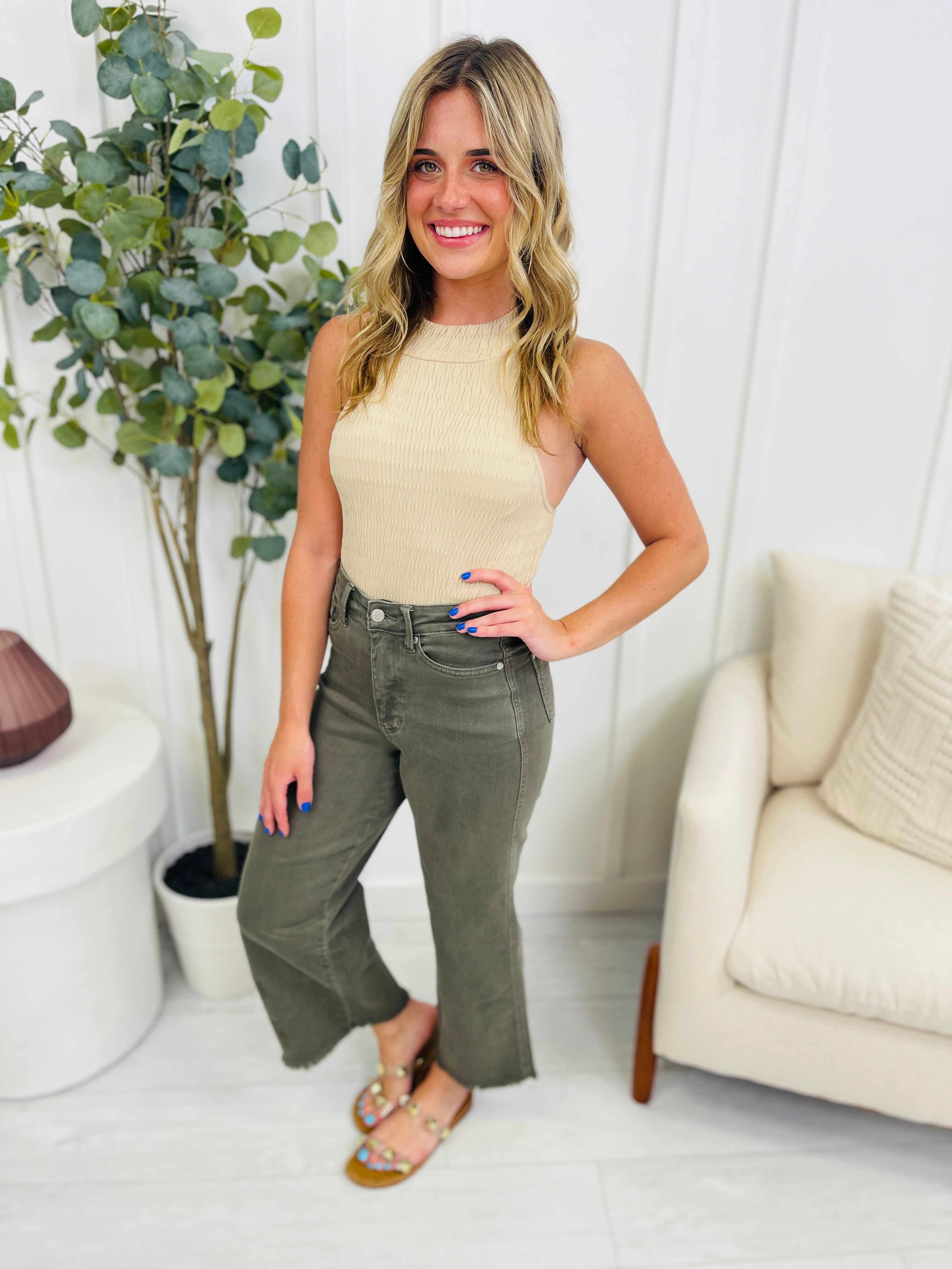 REG/CURVY Olive You Tummy Control Garment Dyed Wide Leg Cropped Jeans