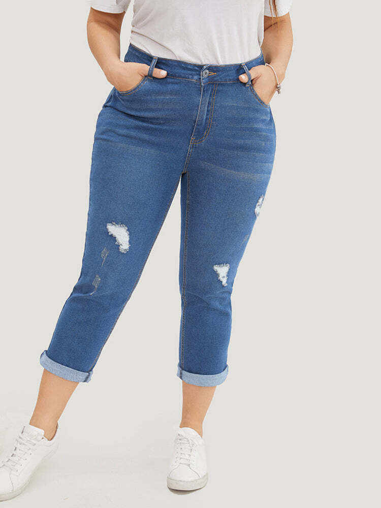 Very Stretchy  Dark Wash Roll Hem Cropped Jeans