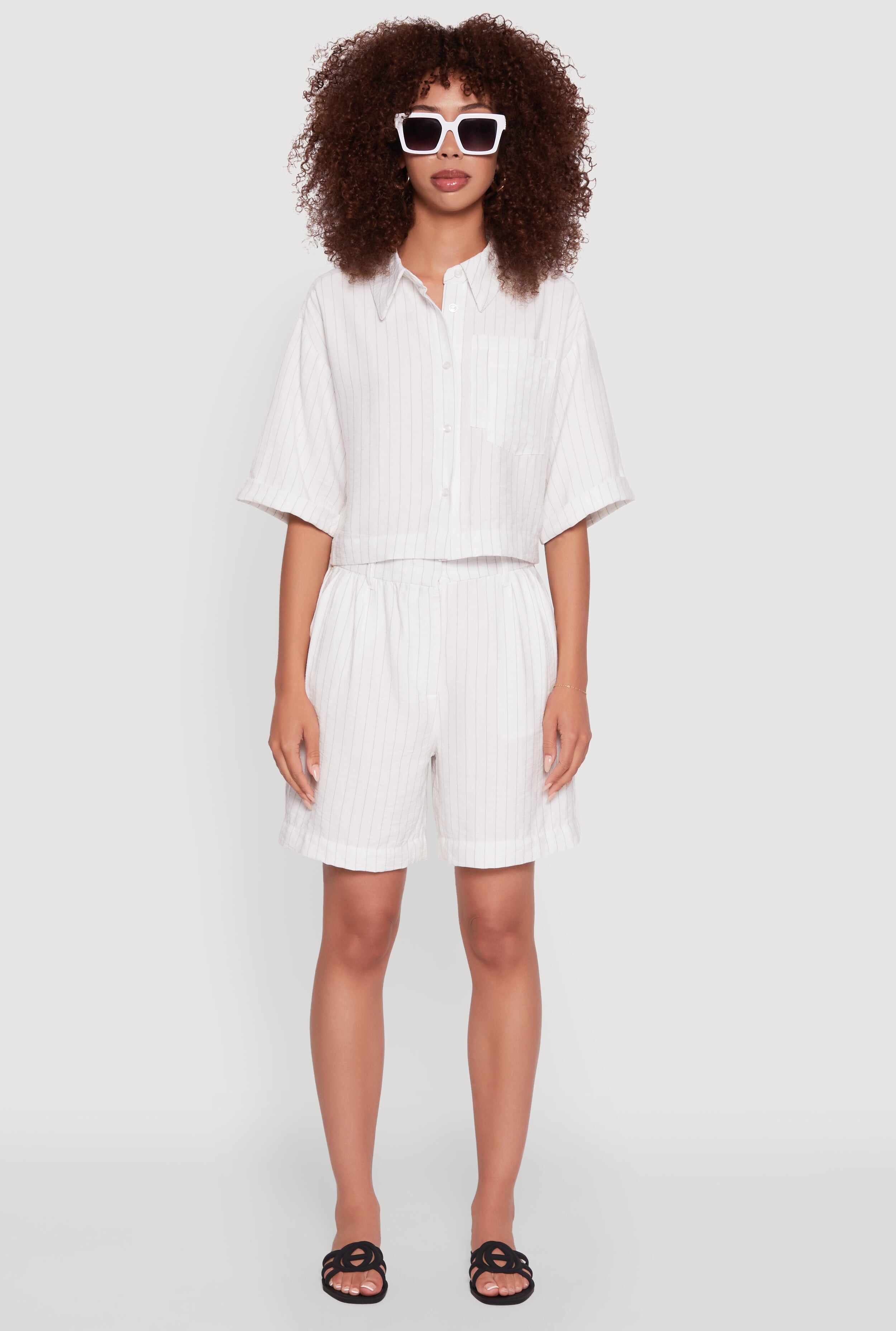 Pinstripe Cropped Button Front Shirt