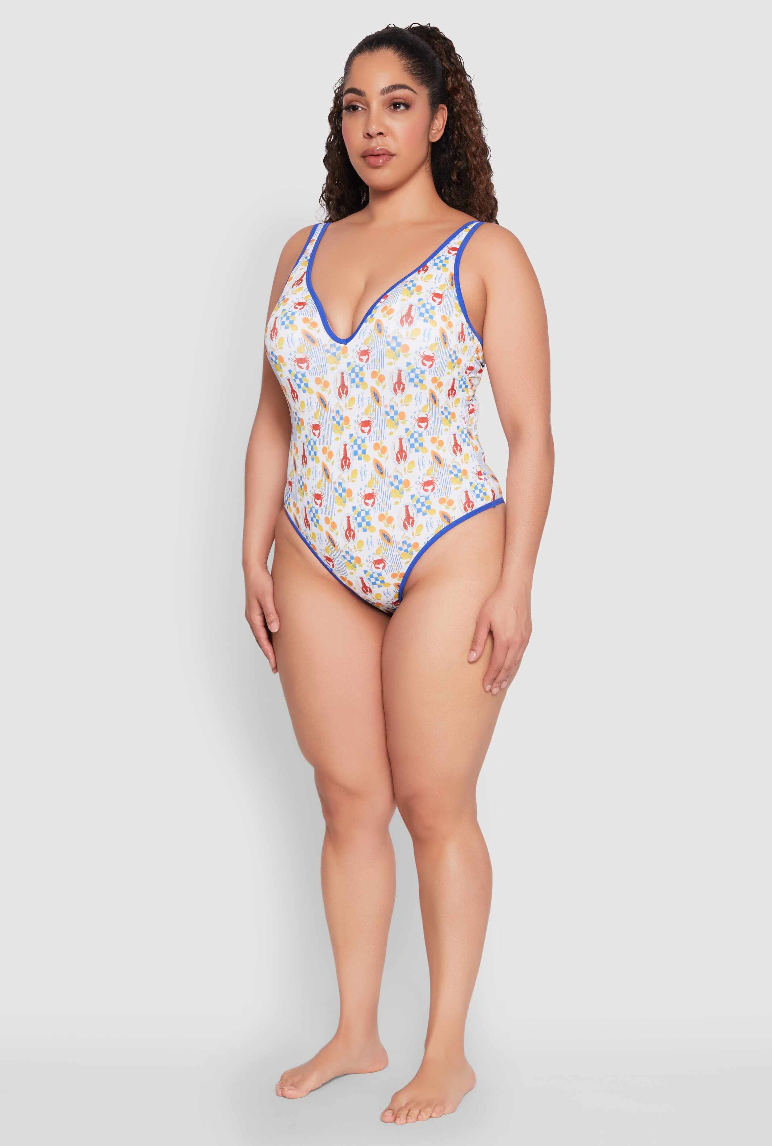 Plus Size Tropical Crab Papaya Print One Piece Swimsuit
