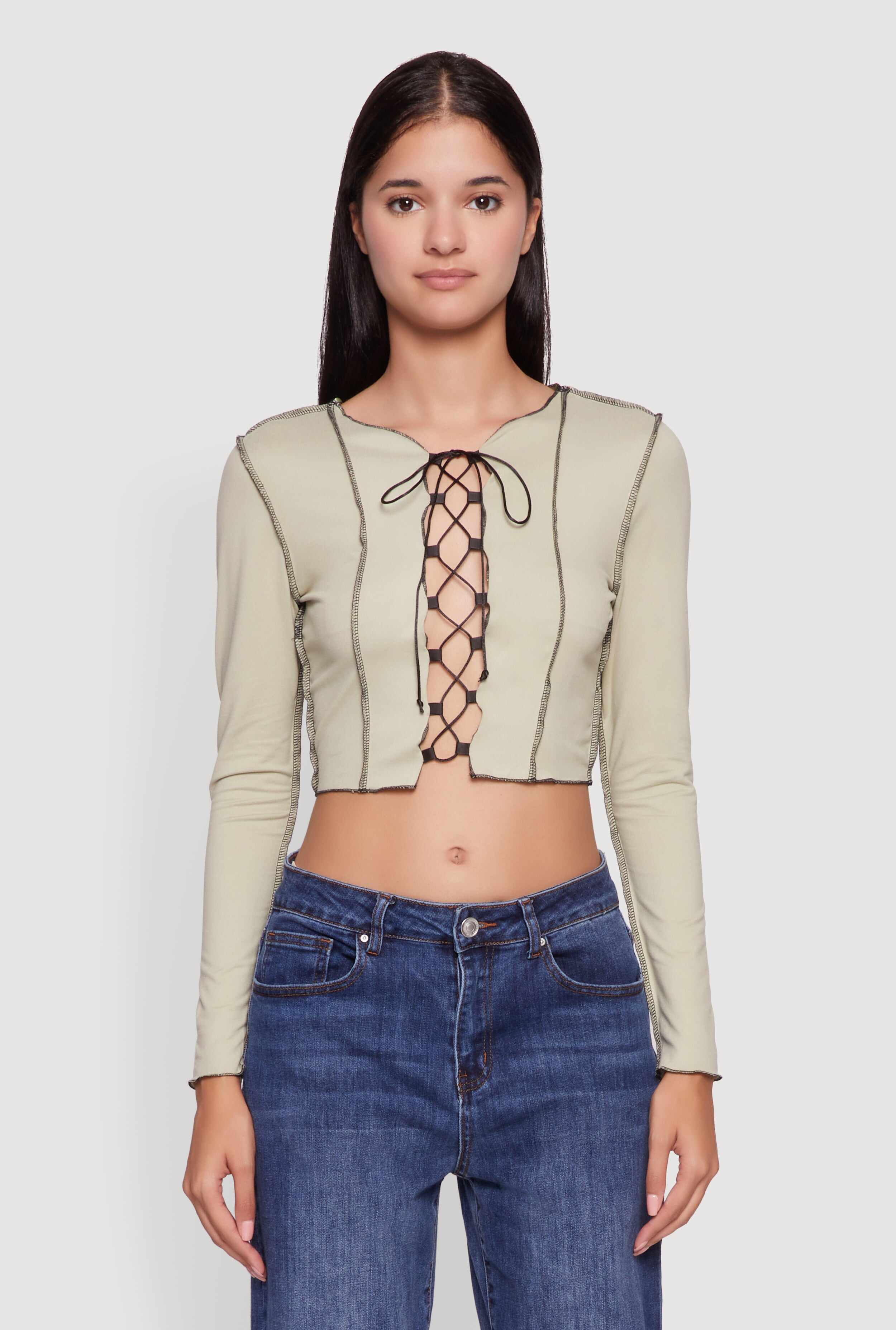 Brushed Knit Lace-Up Long Sleeve Crop Blouse