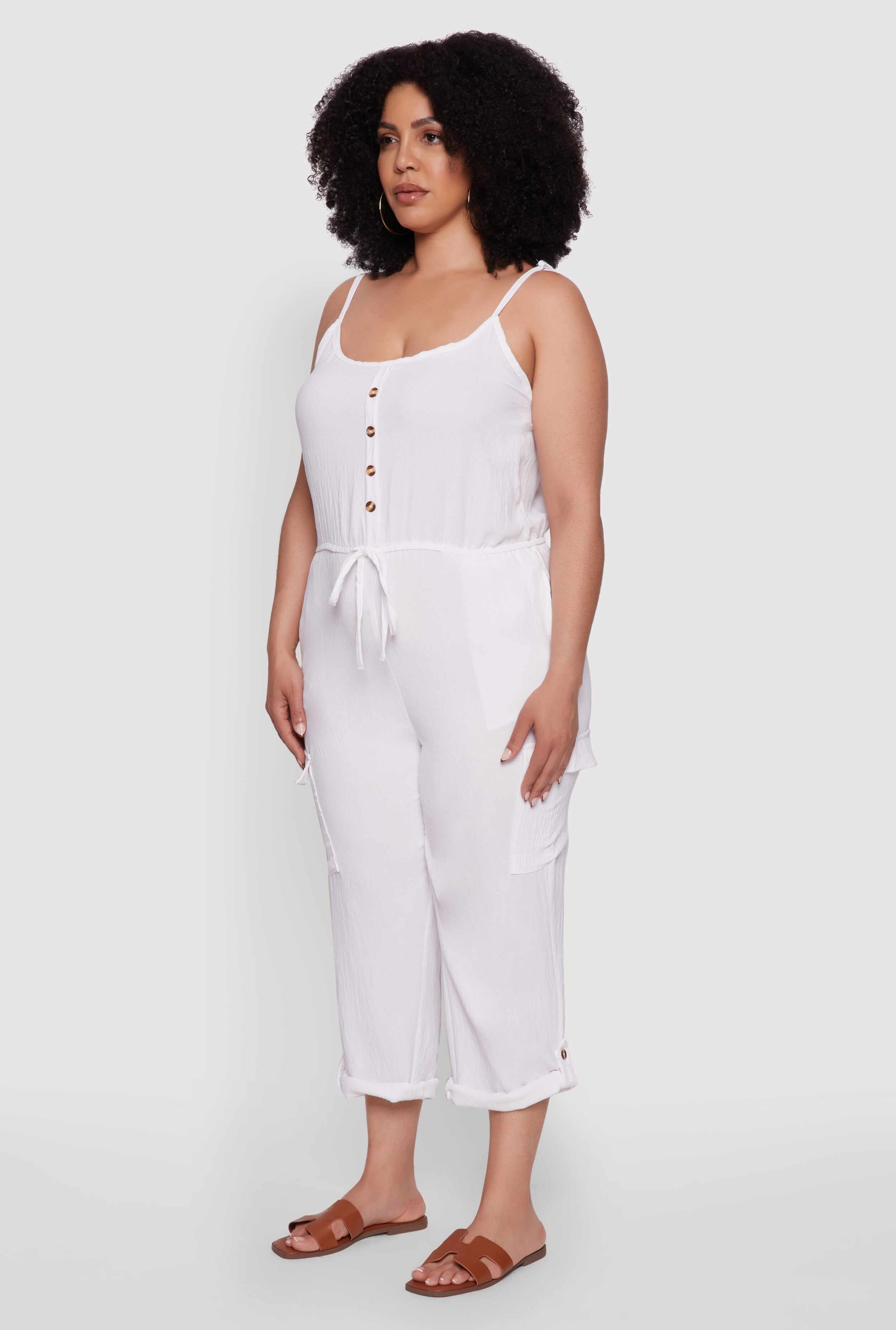 Plus Size Sleeveless Cargo Jumpsuit with Rolled Cuffs