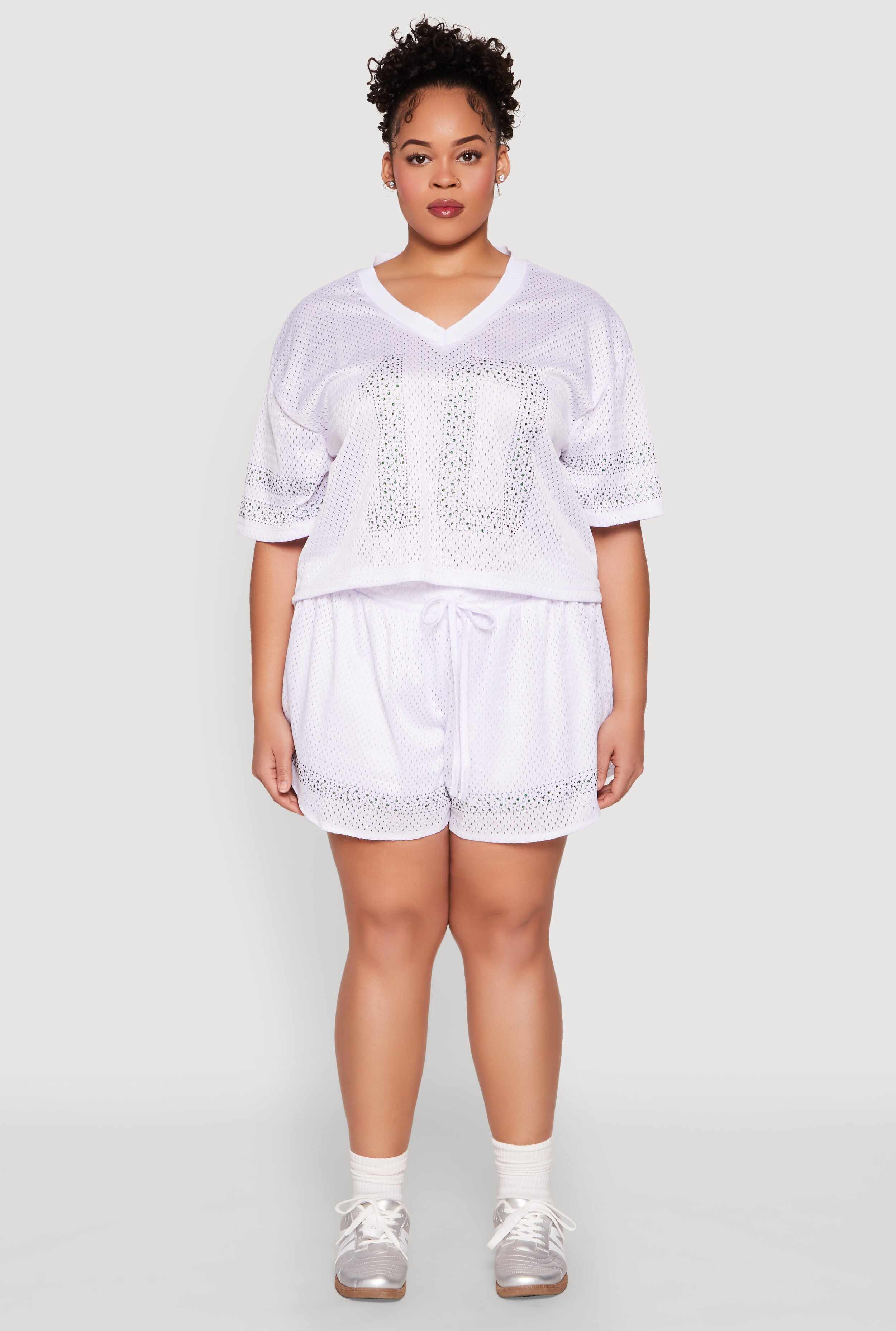 Plus Size Rhinestone Graphic Print Mesh Jersey