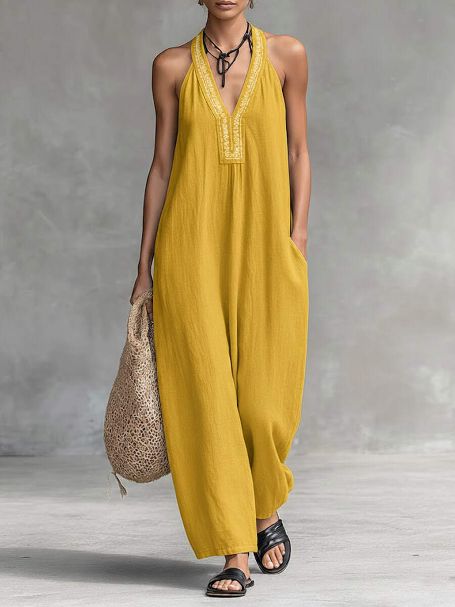 🔥Summer Arrivals🌟Women's Solid Color V-Neck Halter Neck Sleeveless Casual Loose Cotton Linen Wide-Leg Jumpsuit