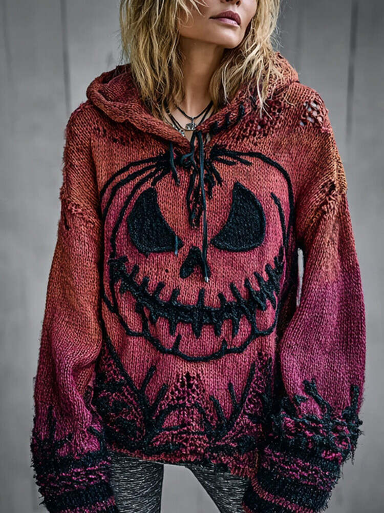 Halloween Pumpkin Face Chunky Crochet Hooded Sweater
