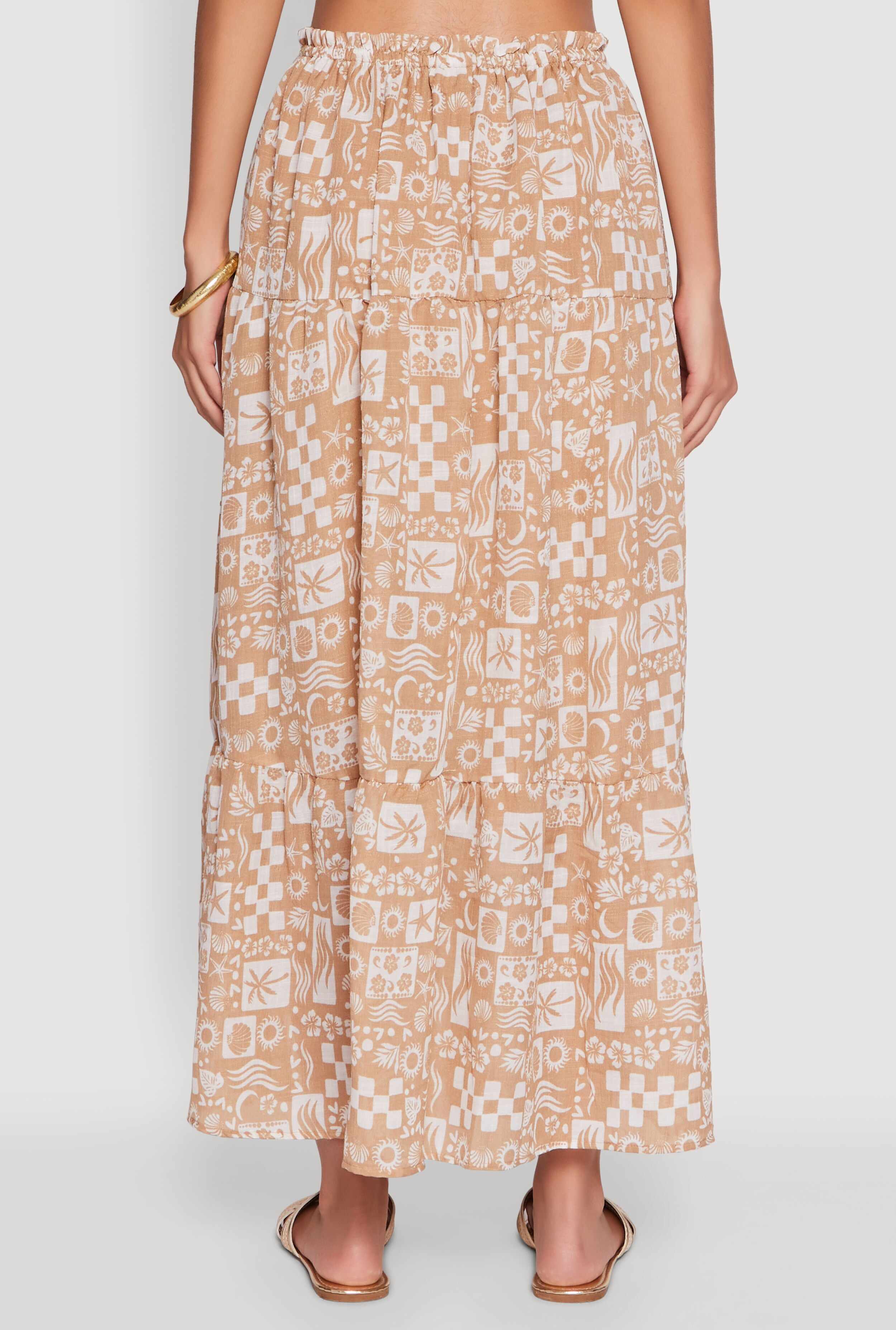 Tropical Print Paper Bag Waist Tiered Maxi Skirt