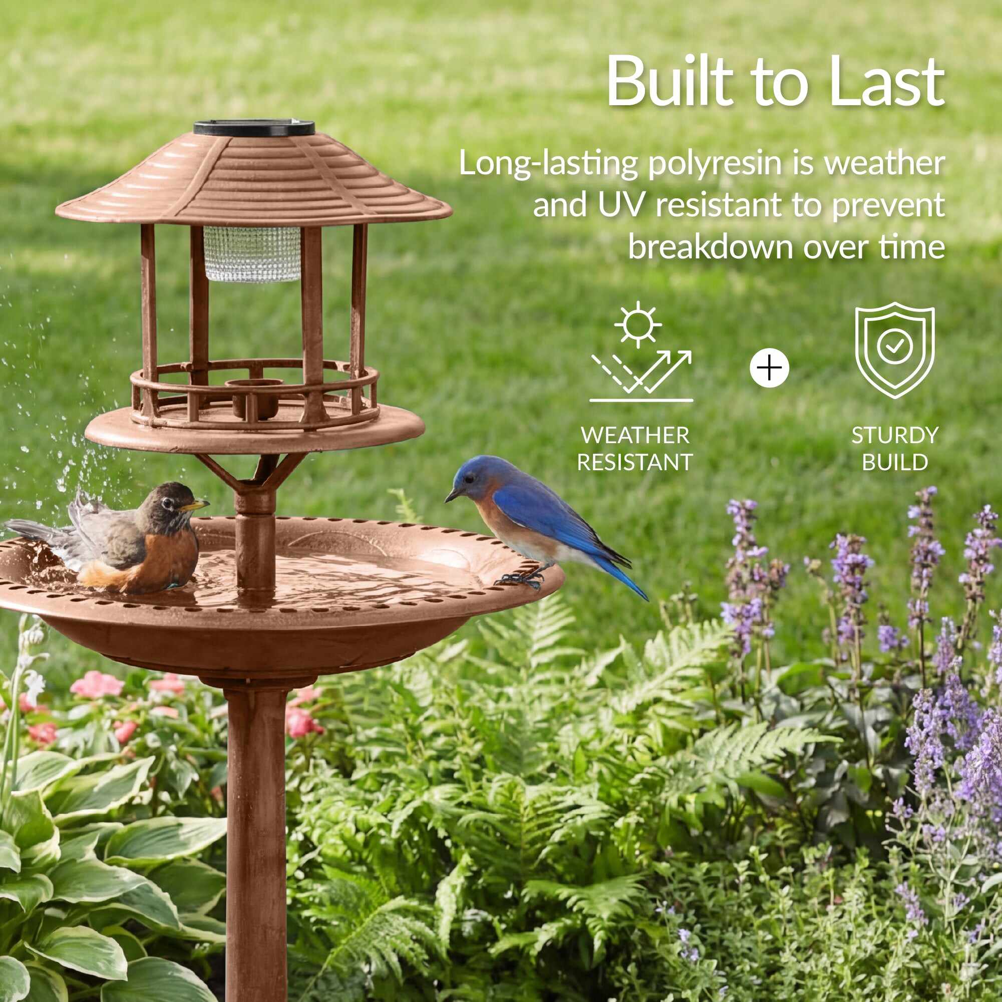 Solar Lighted Outdoor Pedestal Bird Bath w/ Planter, Decorative Bird Cage