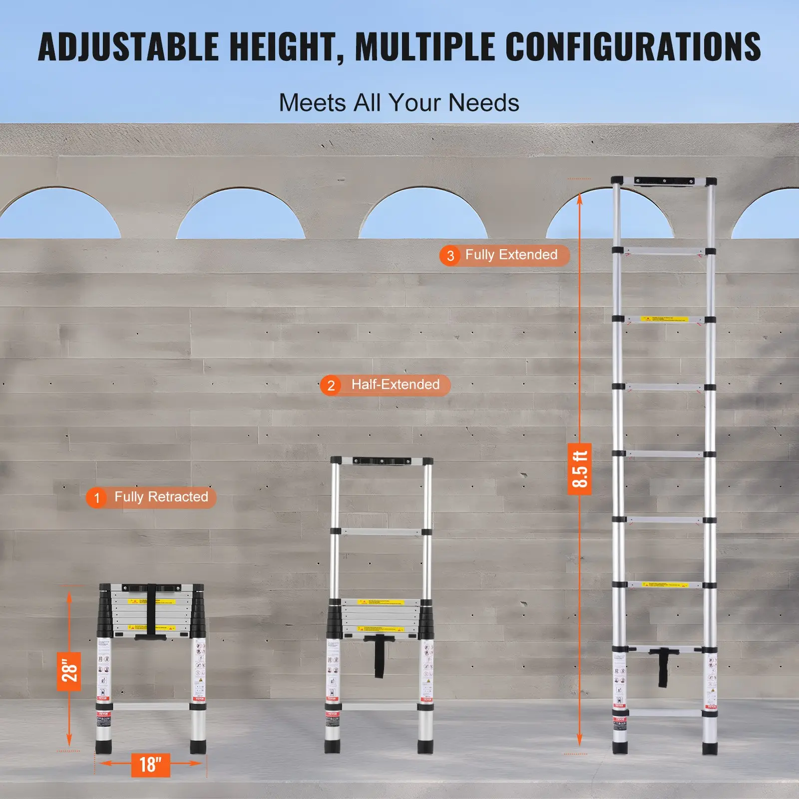 12.5 ft Aluminum Telescoping Ladder, One-Button Retraction Collapsible Extension Ladder, Non-Slip Feet, ANSI Certified Portable Multi-Purpose Compact Ladder for Home, RV & Loft