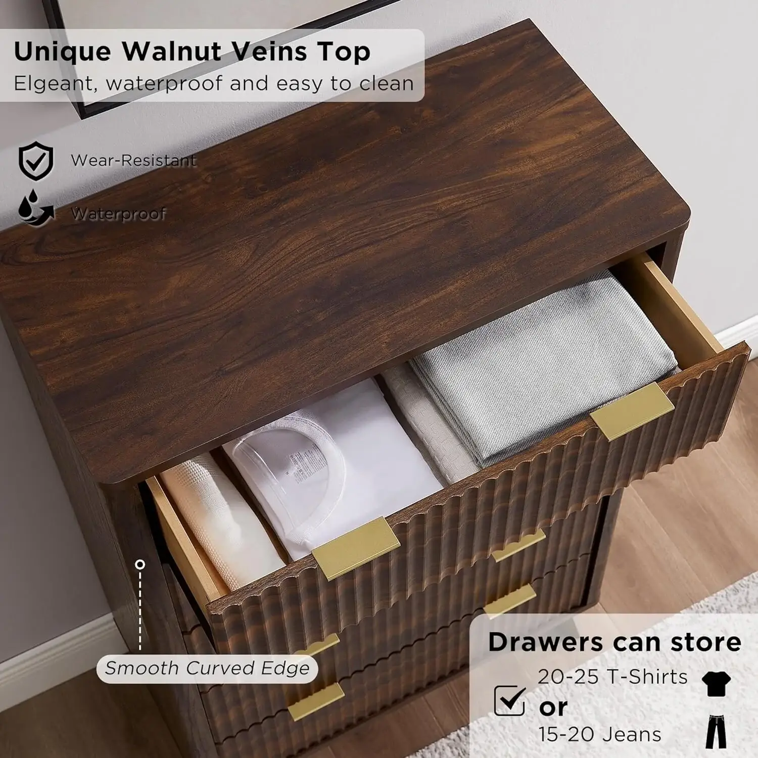Modern Fluted 5 Drawers Dresser, Chest of Drawers, Dresser TV Stand