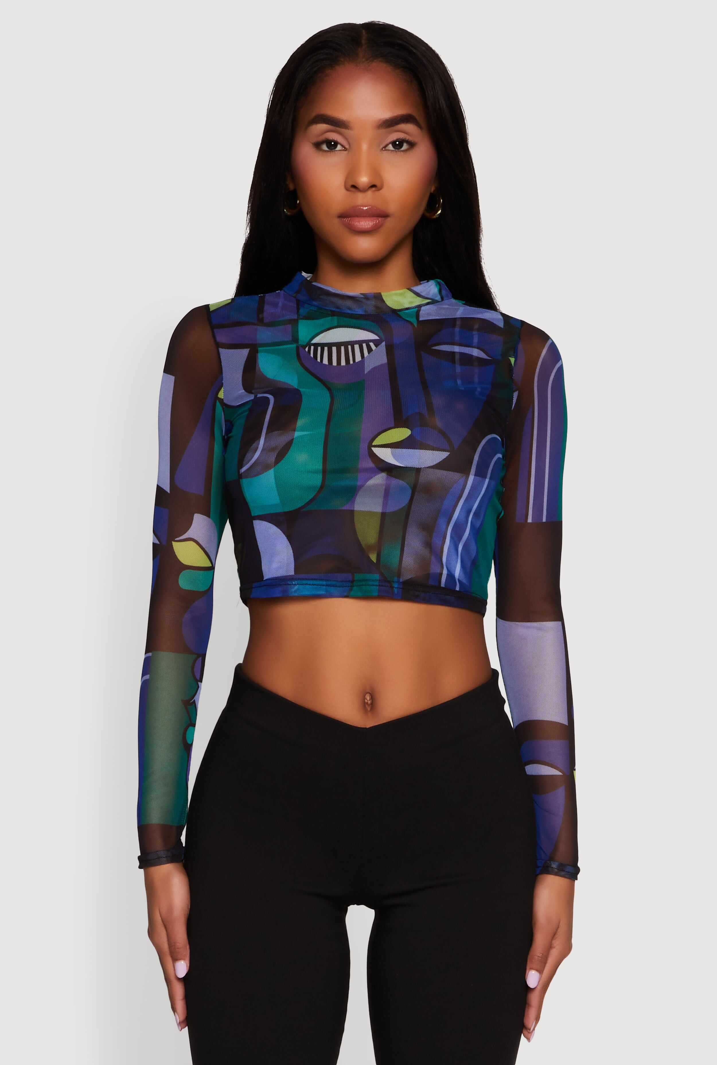 Trendy Mesh Sheer Long Sleeve Crop Top with Printed Pattern