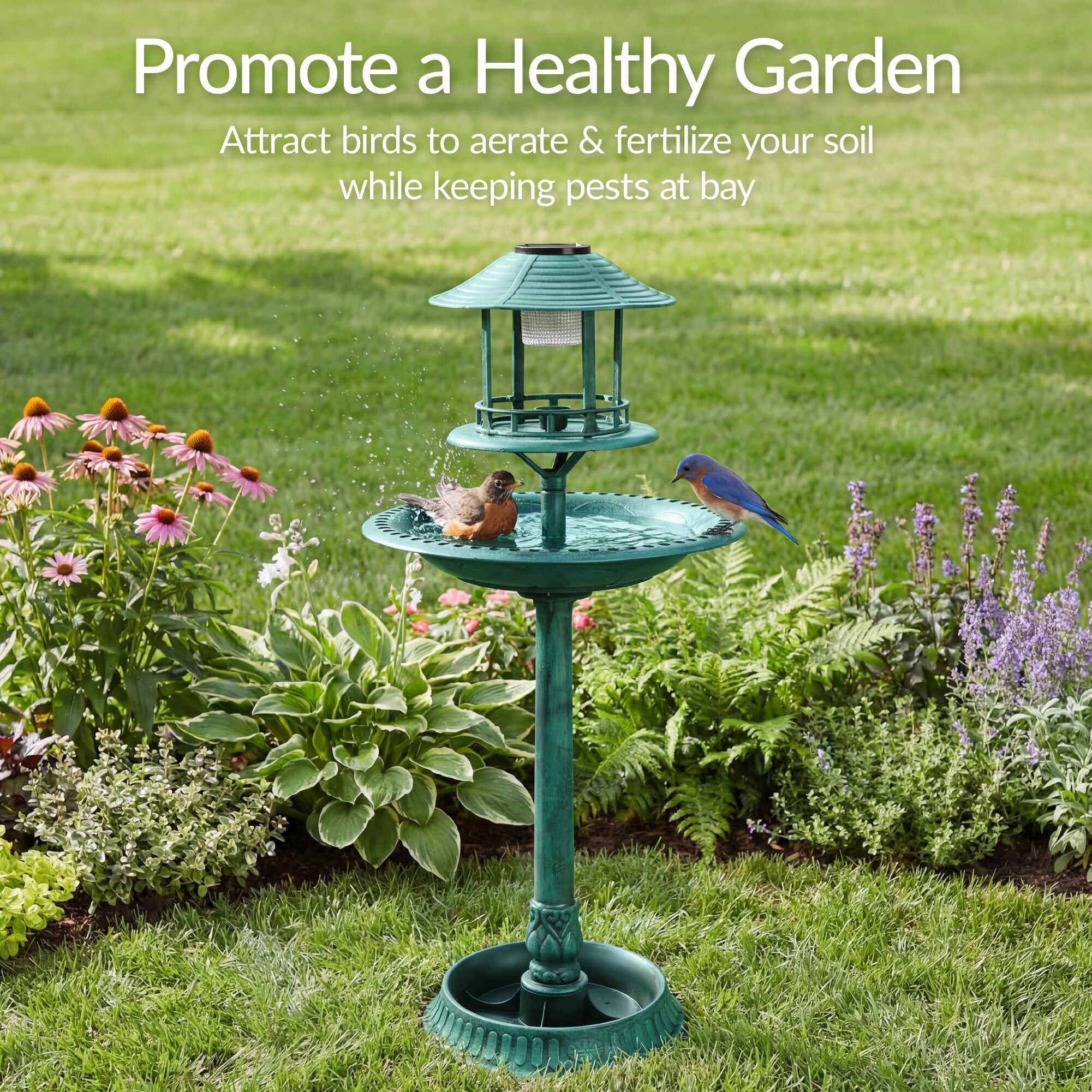 Solar Lighted Outdoor Pedestal Bird Bath w/ Planter, Decorative Bird Cage
