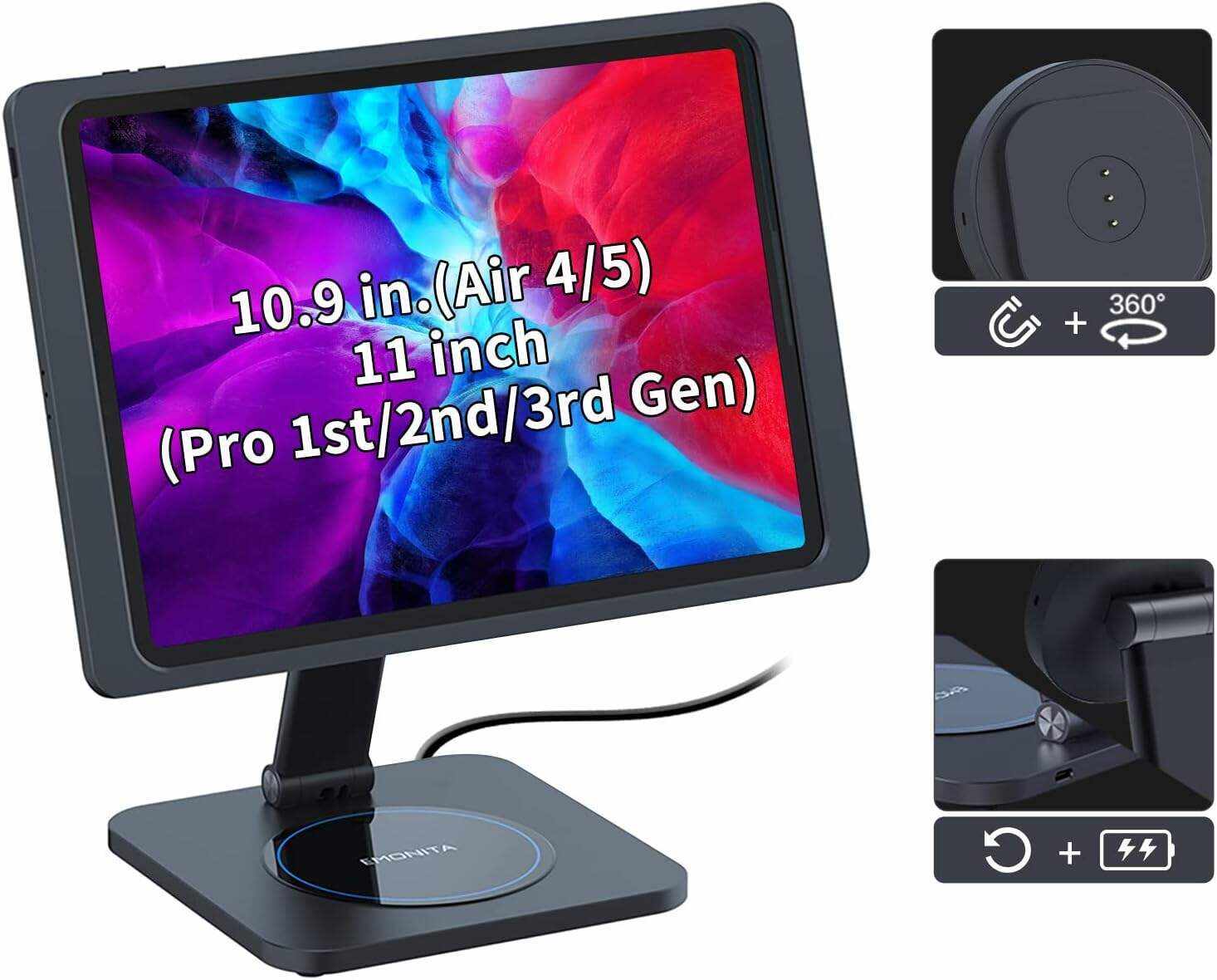 EMONITA Magnetic Stand with Charging Case for 10.2 Inch 7th / 8th / 9th Gen (2021/2020/2019). 18W USB C Fast Charging Cable Included, Foldable L Shape, Strong Magnets, 360 Rotation, 180 Tilt