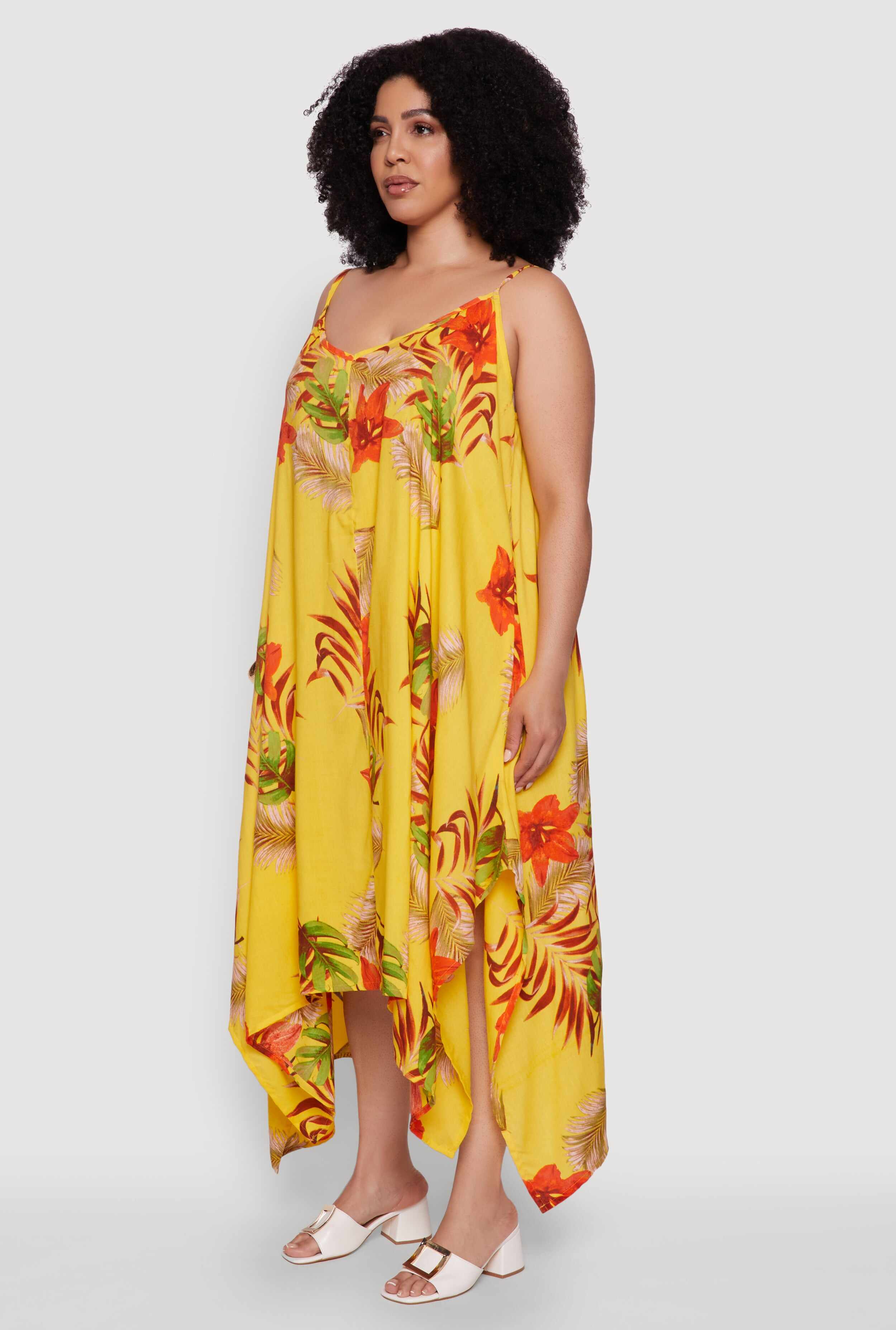 Plus Size Tropical Floral Sleeveless Sundress with Sharkbite Hem