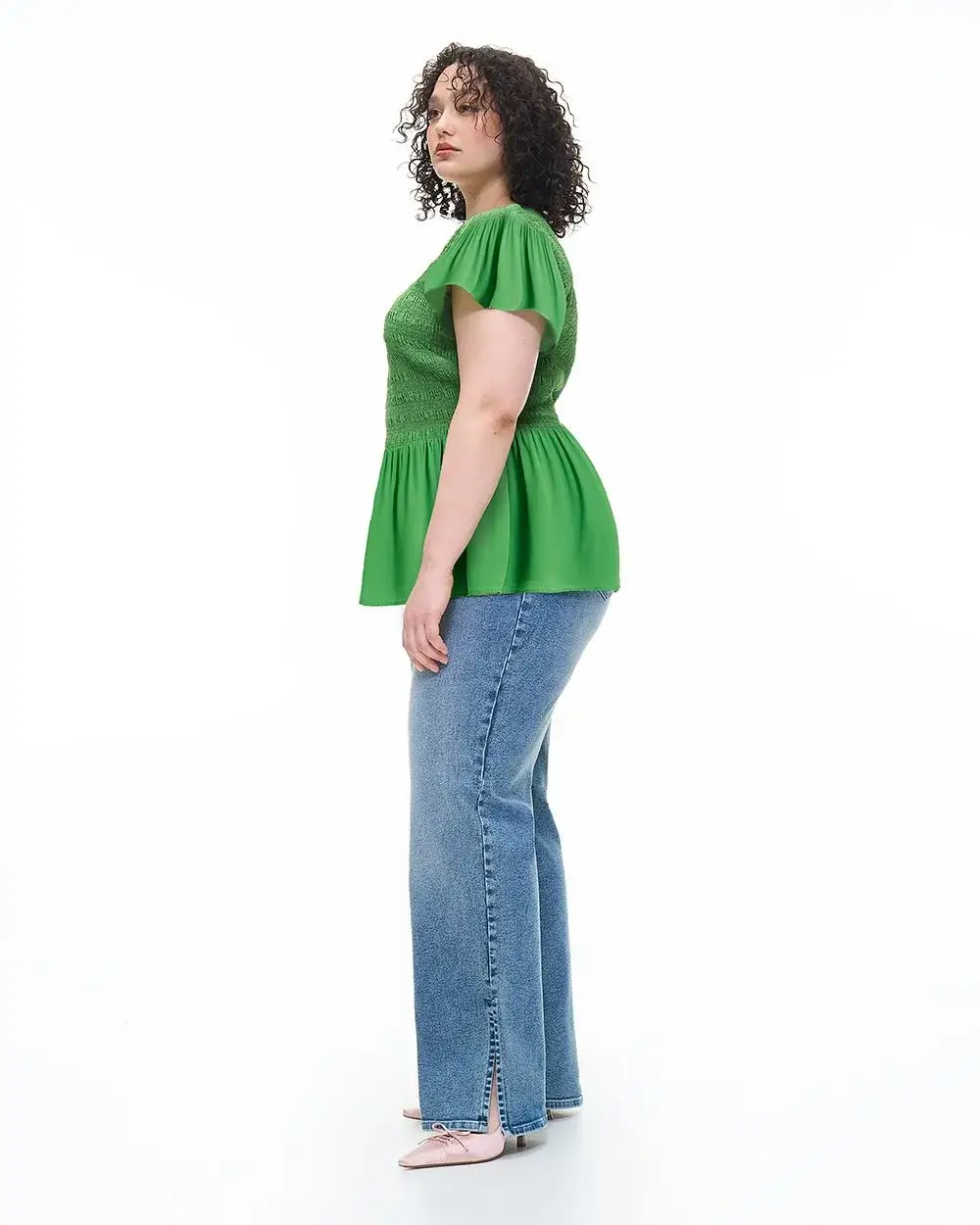 Blouse with Smocking, Short Flutter Sleeves - Addition Elle