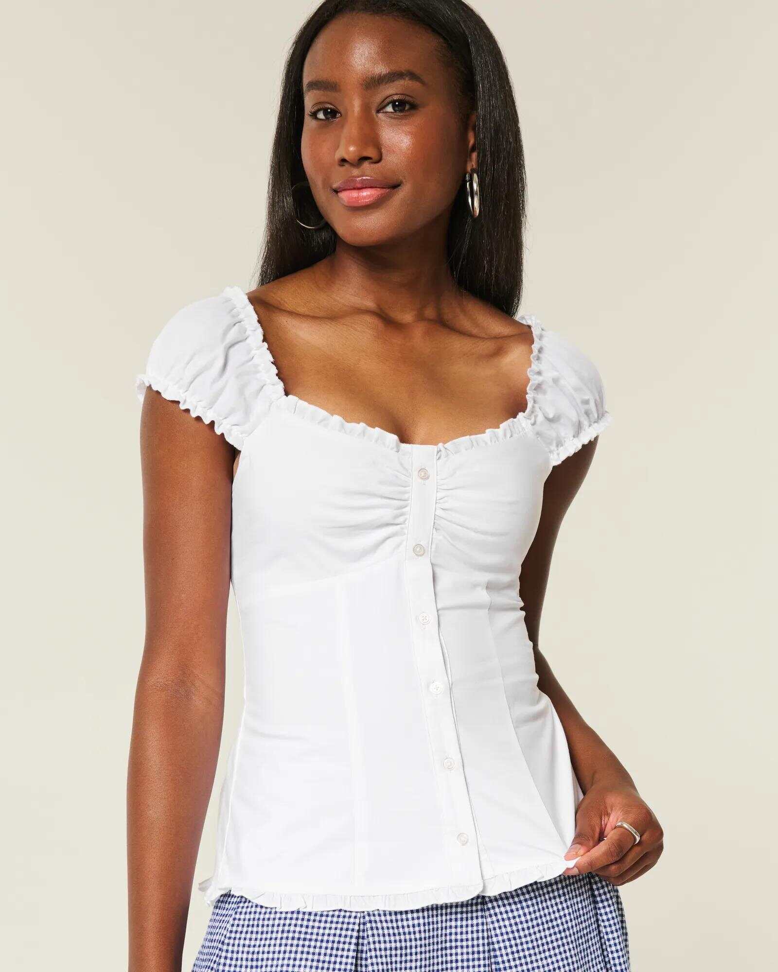 Linen-Blend Tie-Front Peplum Top