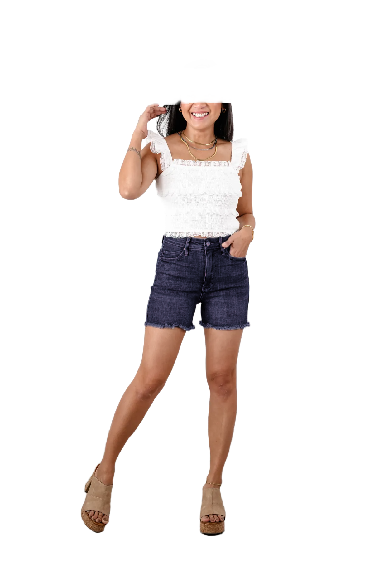 🔥2025 Hot Trend🔥Judy Dark Wash Tummy Control Fray Hem Shorts with Shield Back Pockets
