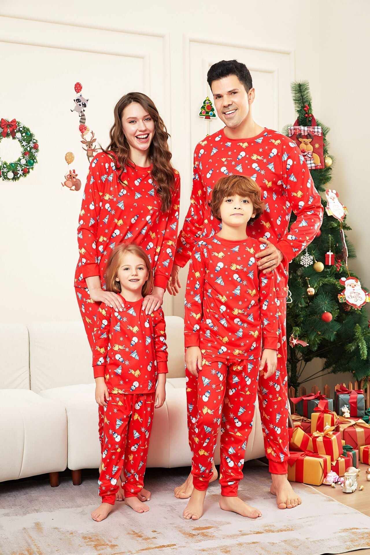 Family Parent-Child Christmas Tree Snowman Deer Printed Pajamas Set