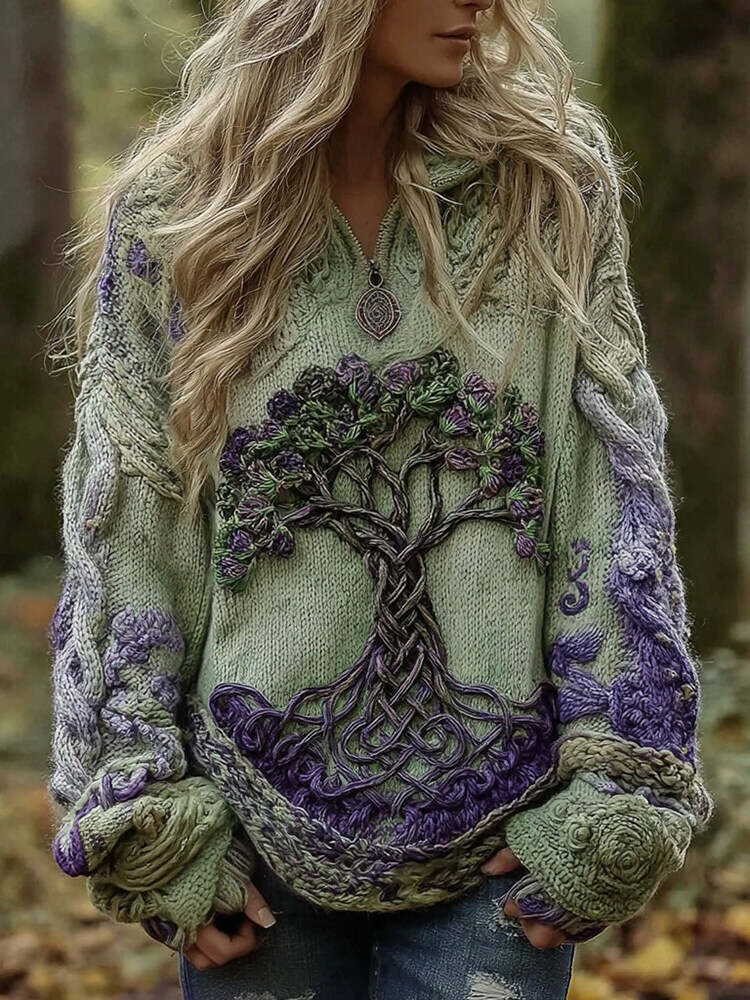 Women's Viking Tree Of Life Celtic Knot Knit Half-zip Sweater