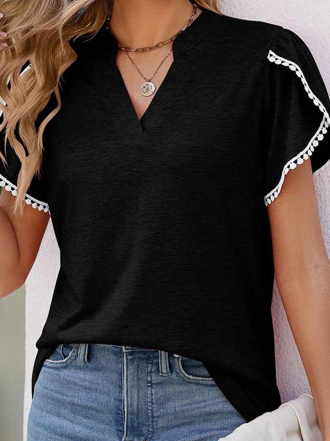 Solid V-neck Lace Short Sleeve Casual Top