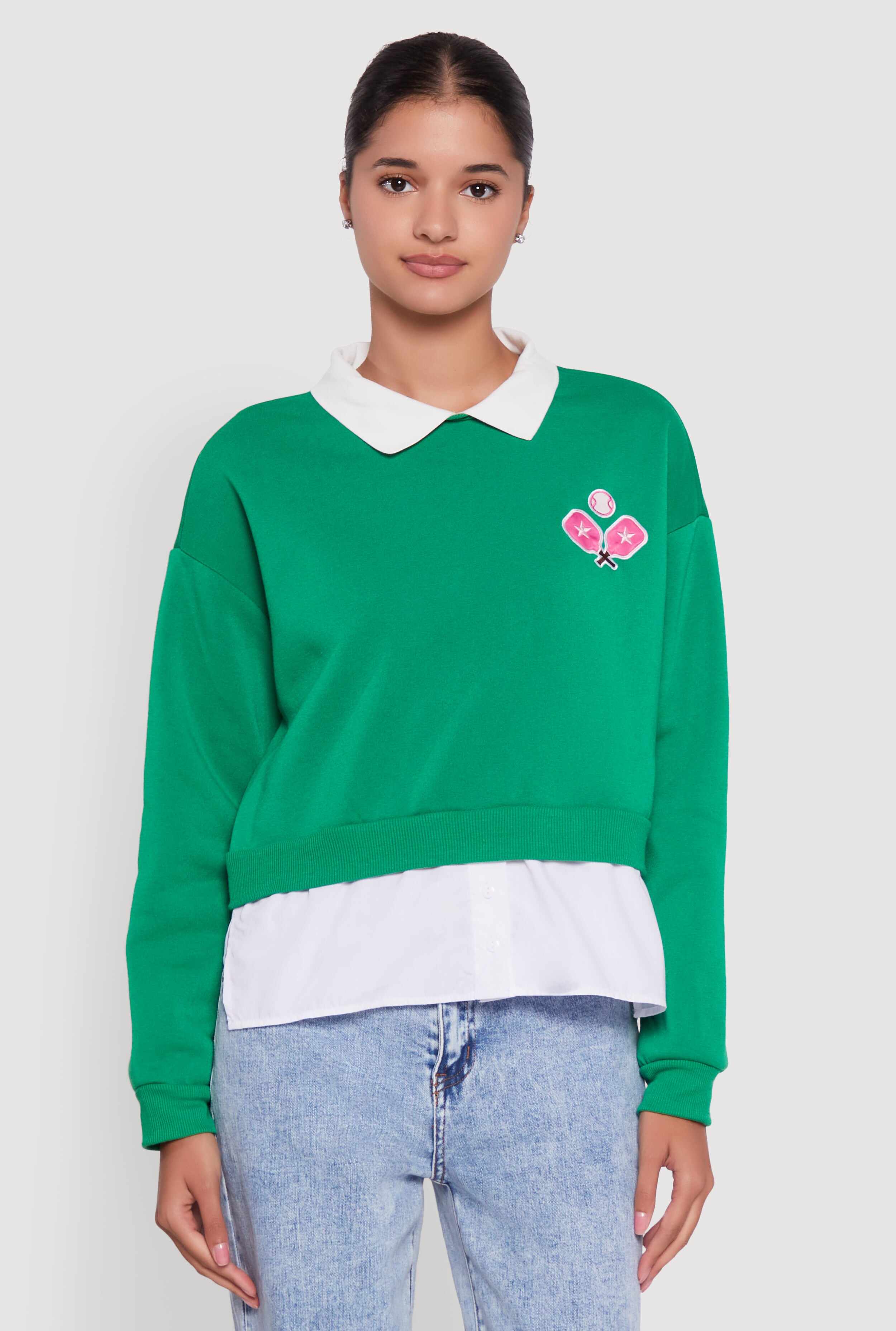 Shirt Collar Layered Look Patch Graphic Sweatshirt