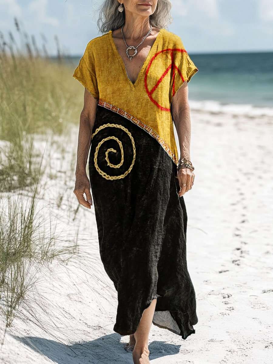 Women's Vintage Hippie Love and Peace Art Print Pocket Cotton Dress