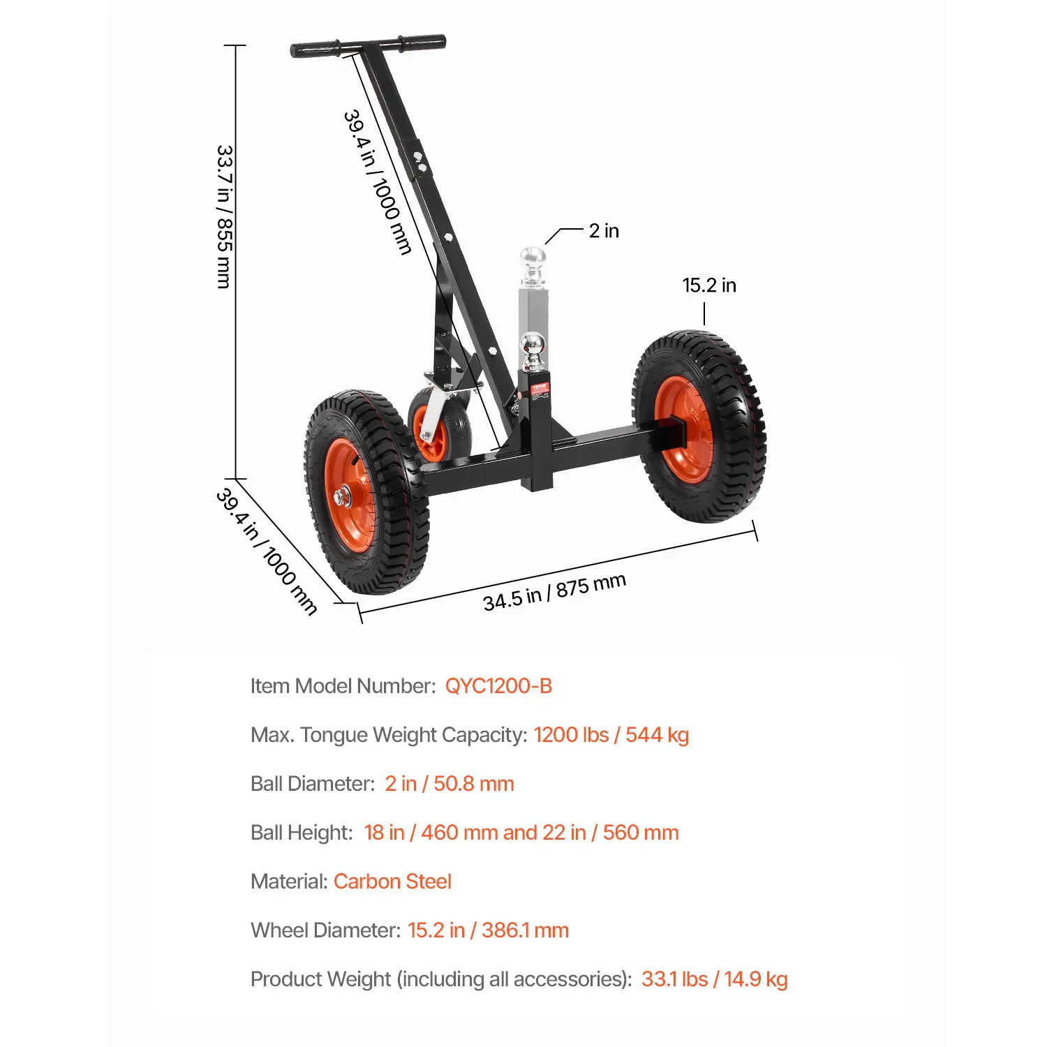 Trailer Dolly, Max. 15000lbs Towing Capacity, 2 in 1 Trailer Mover with 22'' / 26'' Height & 2'' Ball, 16'' Pneumatic Tires & Universal Wheel, for Moving Car RV