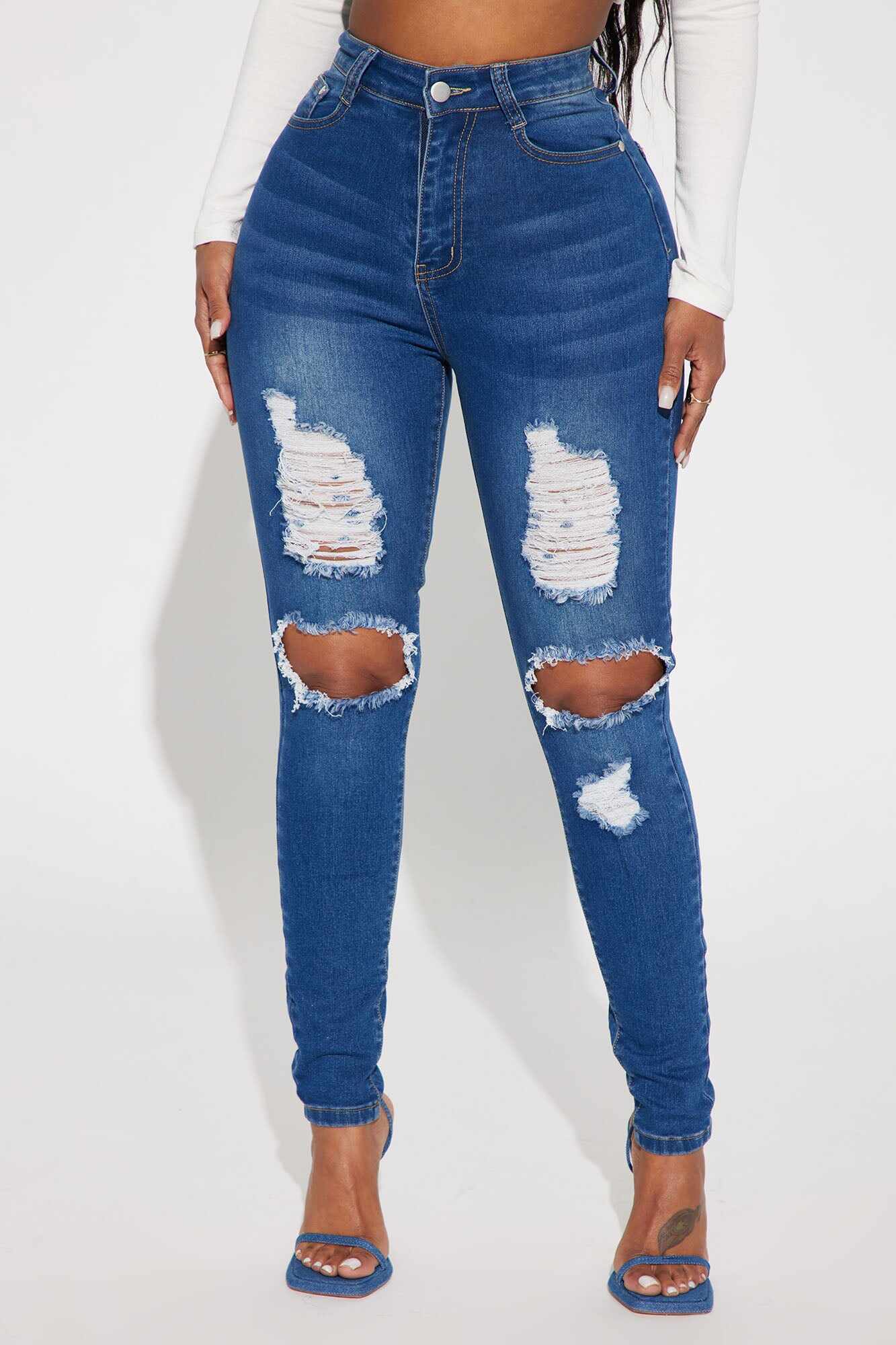 San Antonio Ripped Stretch Skinny Jeans - Medium Wash