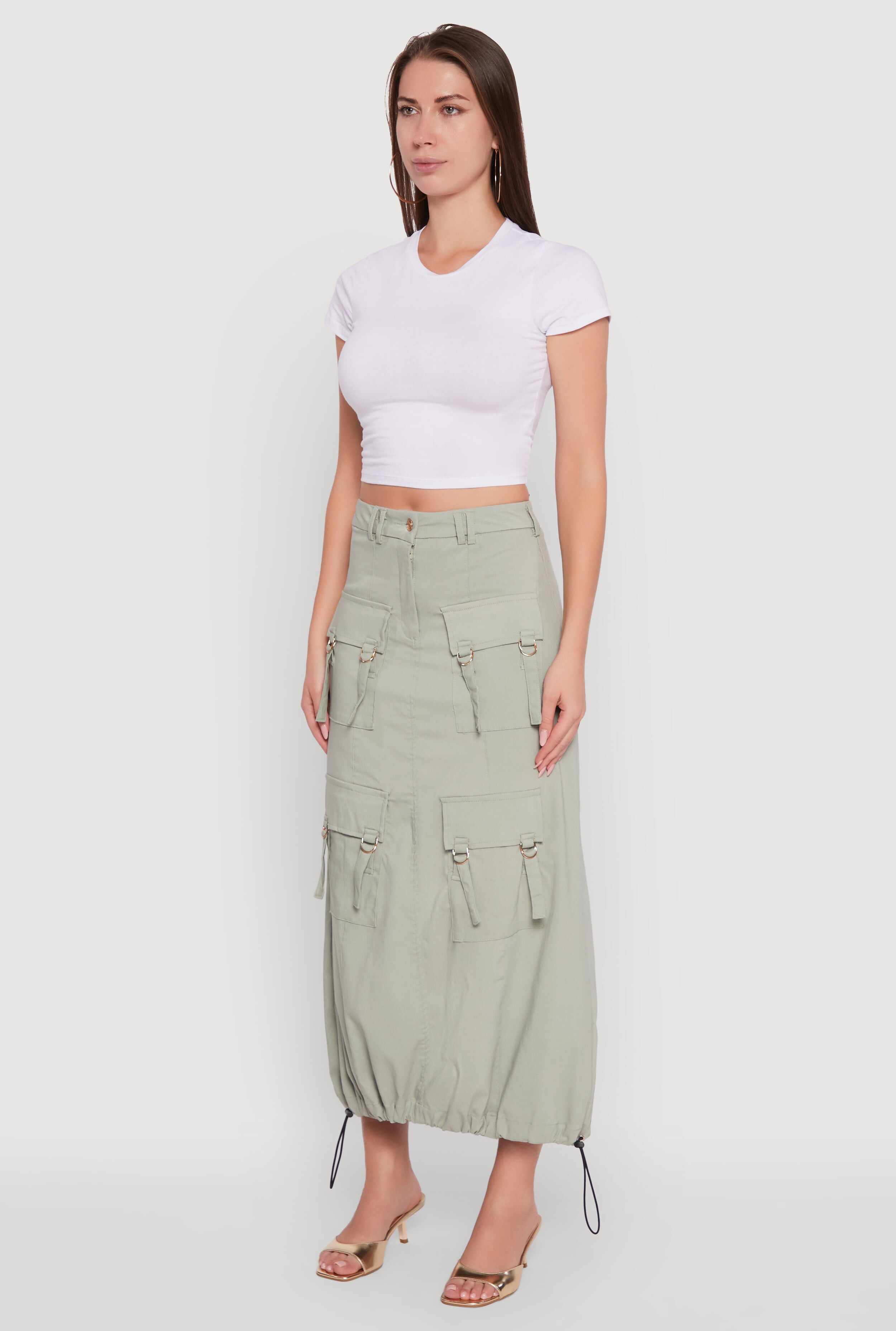 High Waisted Solid Maxi Skirt with Cargo Pockets