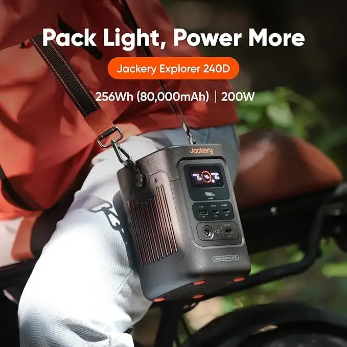 Explorer 240D Power Bank with Adjustable Strap, 255Wh LiFePO4 Battery Portable Power Station, 200W Pure DC Output, 3×USB-C & 1×USB-A Ports, 2-in-1 USB-C Strap Cable, Fast Charging for Outdoor, Travel & Emergencies