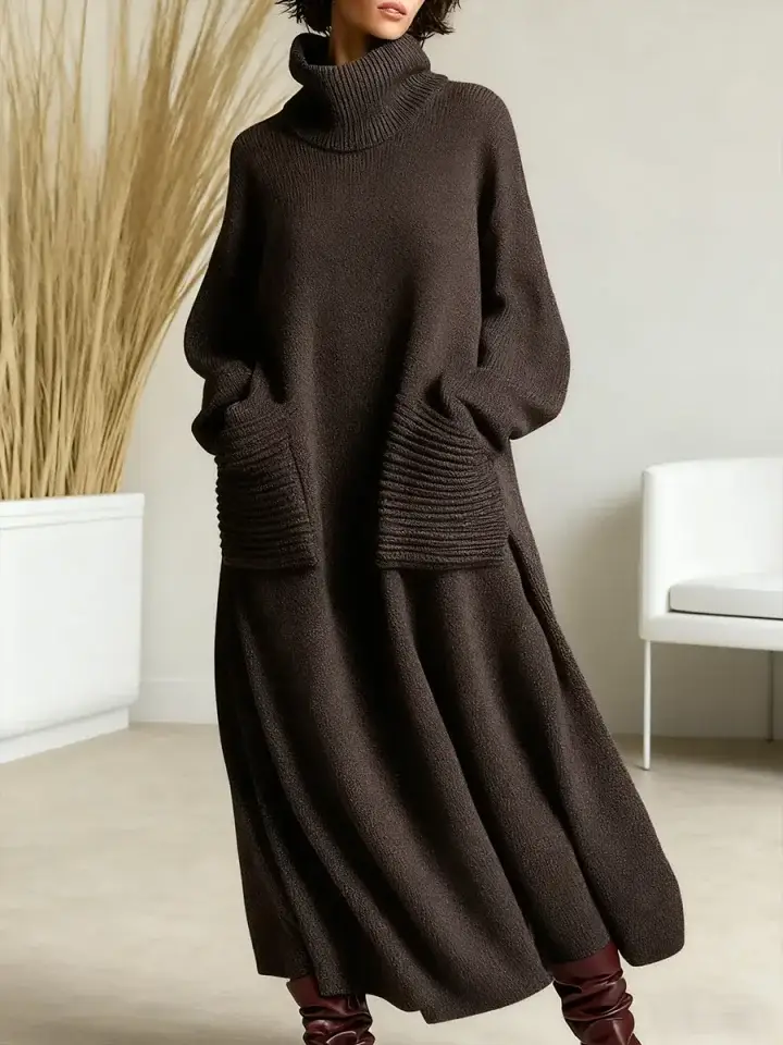 🔥Summer Arrivals🌟Women's Solid Color High-Neck Long-Sleeve Casual Loose Knit Dress