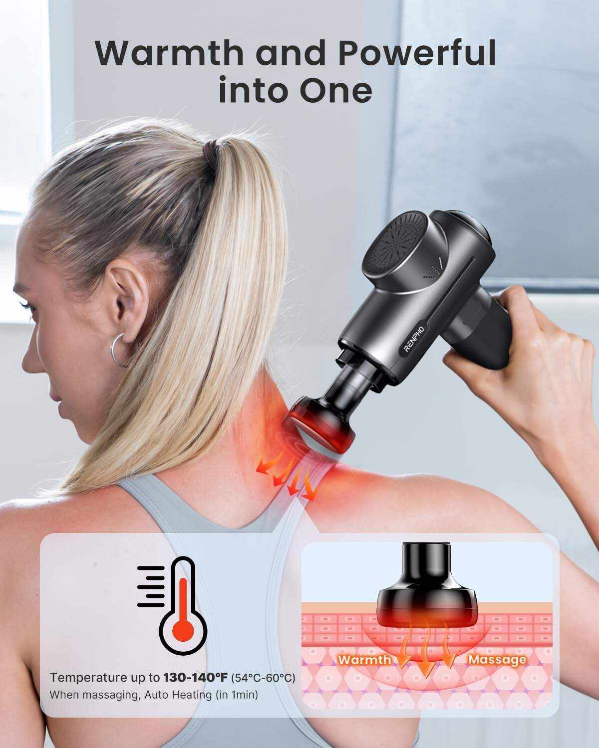 RENPHO Active Massage Gun Deep Tissue Muscle, Powerful Percussion Massage Gun, Portable Back Massager Gun for Athletes for Pain Relief, Electric Back Massagers, Handheld Massager Carry Case