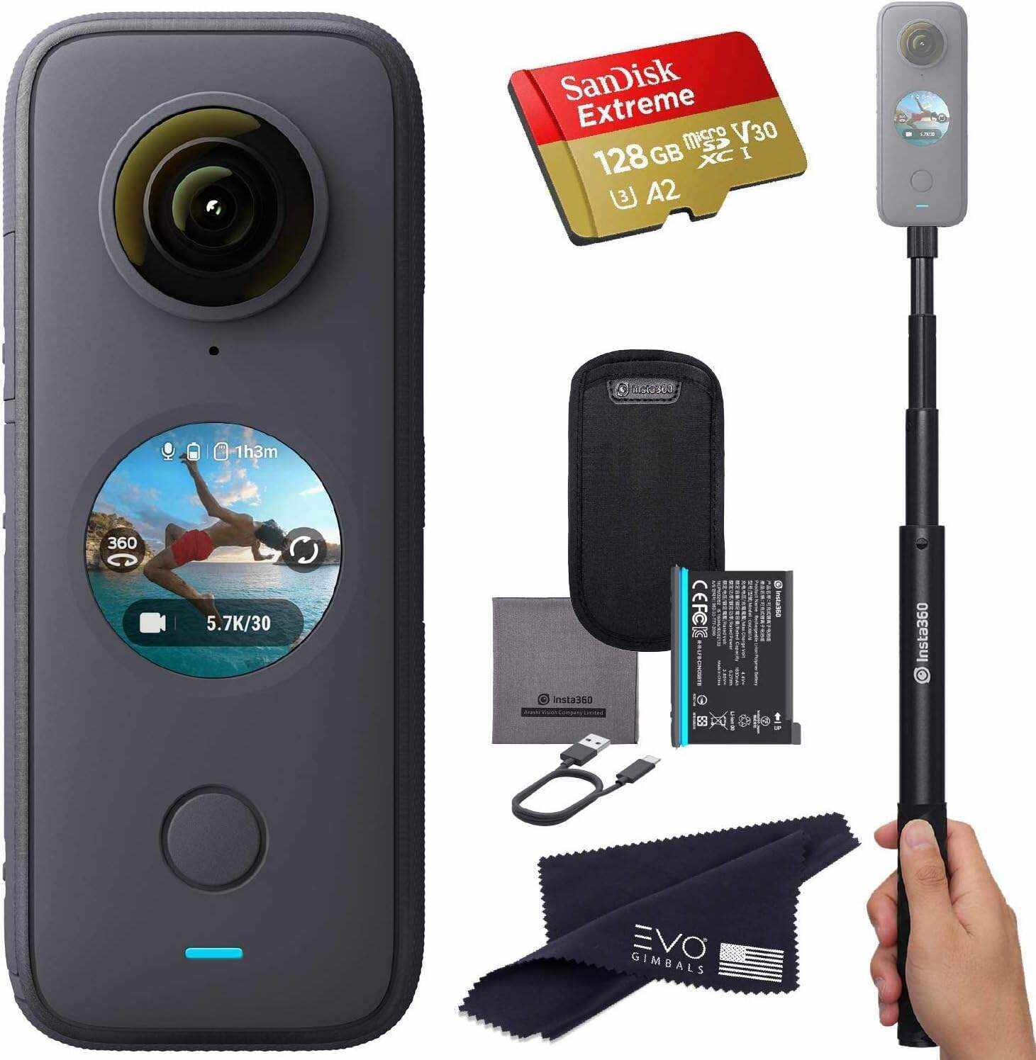 Insta360 ONE X2 360 Camera with Touchscreen - 5.7K30 360 Video, Front Steady Cam Mode, 18MP 360 Photo + InstaPano | Bundle Includes Invisible Selfie Stick (120cm) & 128GB Memory Card (3 Items)