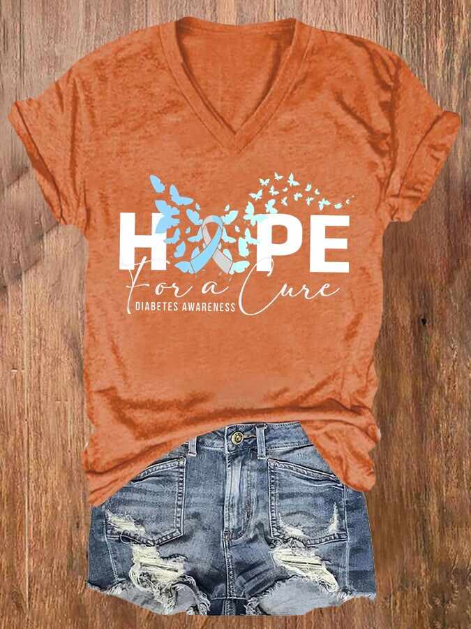 Women's Hope for Cure Diabetes Awareness Butterfly Printed Casual T-Shirt