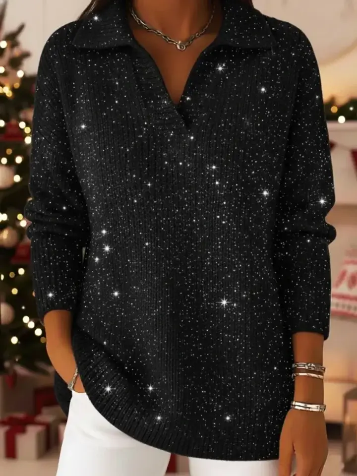 🔥Summer Arrivals🌟Christmas Party Polo Collar Shiny Loose Sweater Top