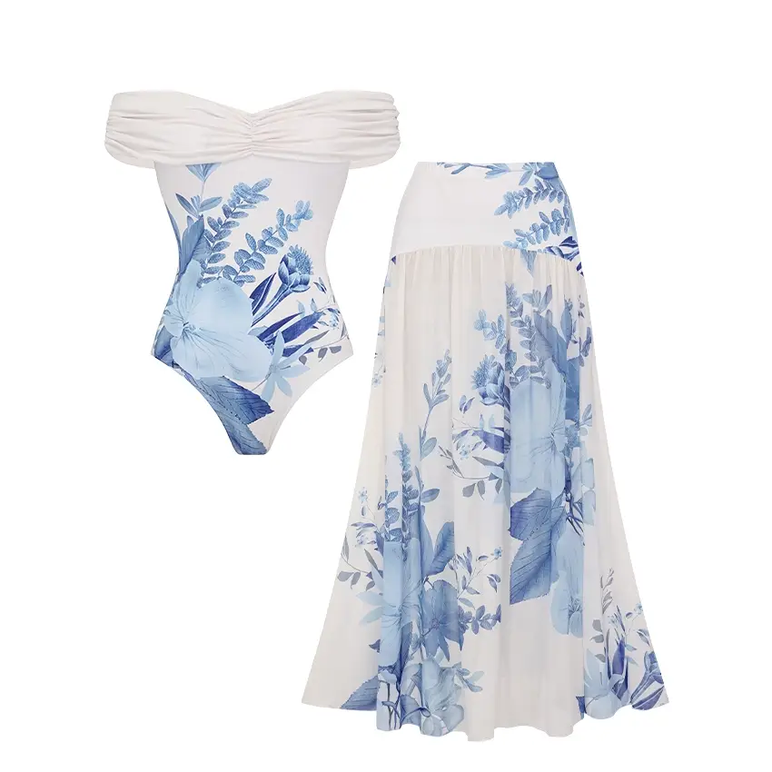 Off Shoulder Blossom Print Swimsuit Set