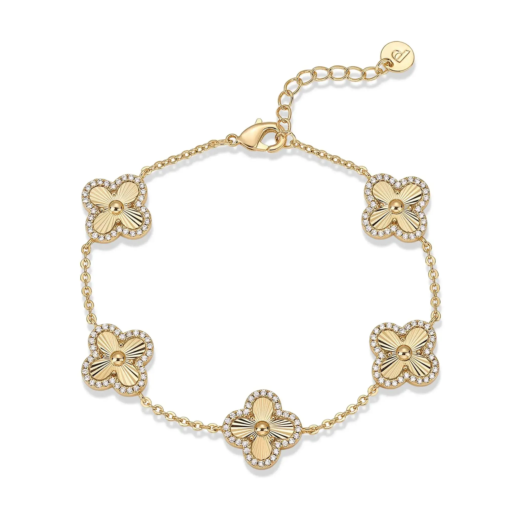 14K Gold Plated Clover Bracelet for Women - Lucky Charm Four Leaf Clover Bracelet Station with Cubic Zirconia - Hypoallergenic Trendy Fashion Stackable Clover Jewelry