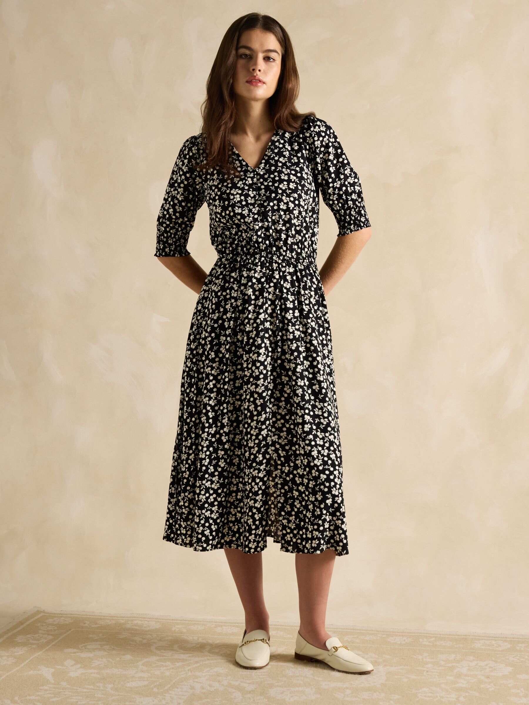 Adele Black V-Neck Elbow Length Sleeve Midi Dress
