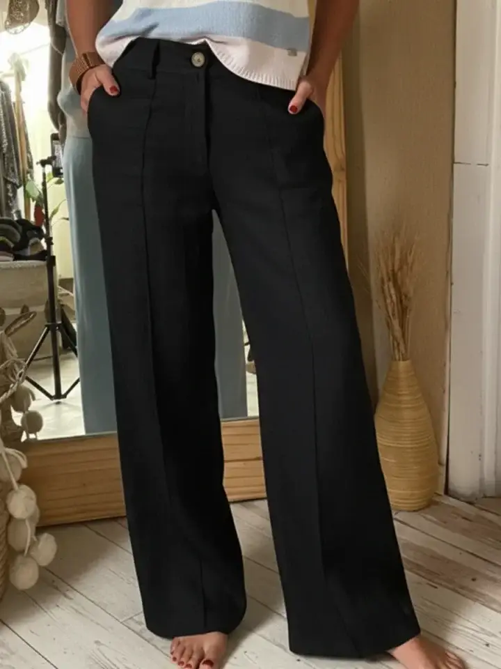 🔥Summer Arrivals🌟Classic Wooden Button Solid Color Linen Trousers
