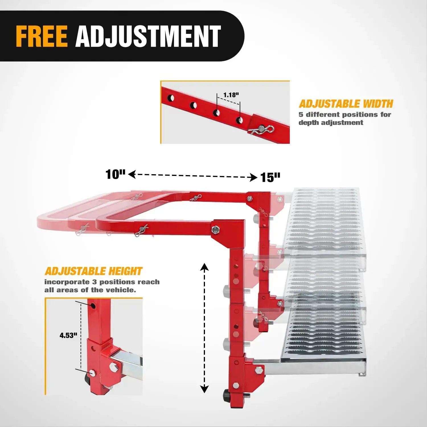 Folding Heavy Duty Tire Step for Truck SUV and RV, Non-Slip Steel Surface, Adjustable to Fit Tire from 10” to 15” Rated up to 350 Lbs,Easy to Install and Adjust Red Maximum Weight Capacity Portable