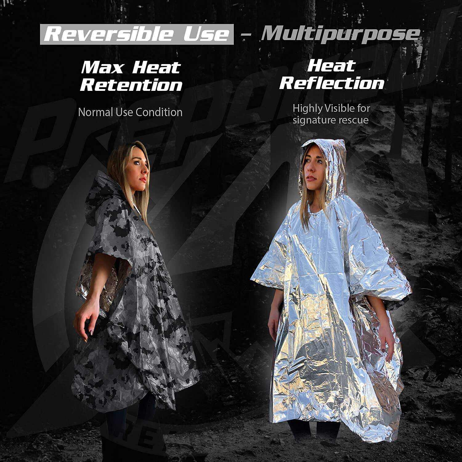 PREPARED4X Emergency Rain Poncho with Mylar Blanket Liner - Survival Blankets for Car - Heavy Duty, Waterproof Camping Gear, Tactical Prepper Supplies