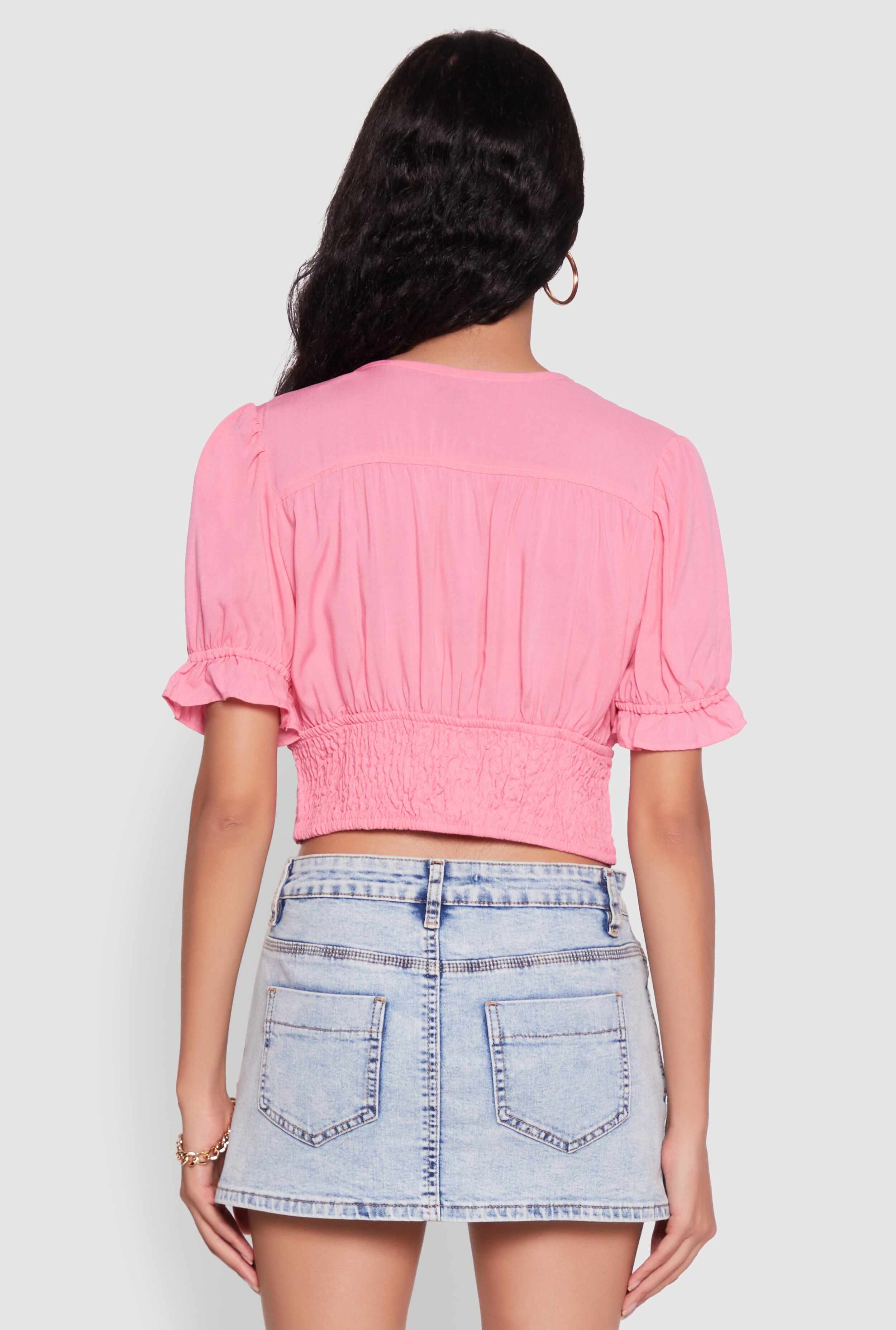 Trendy Puff Sleeve Button Front Peasant Crop Top