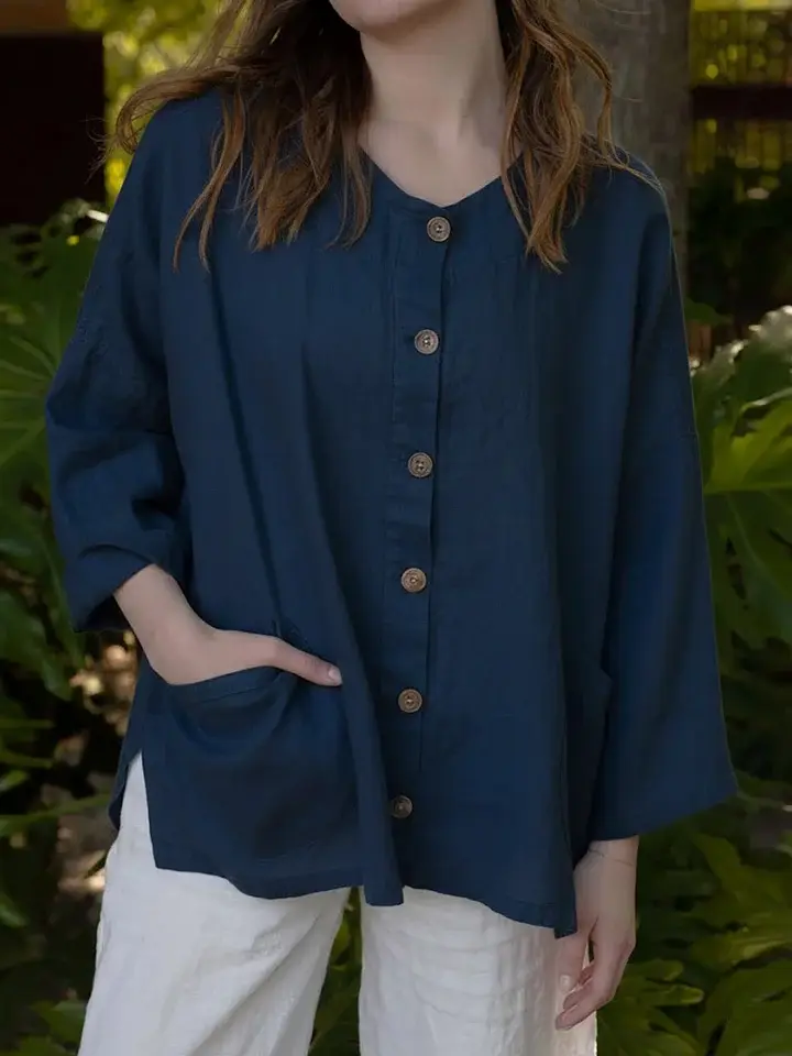 🔥Summer Arrivals🌟Women's Solid Color Round Neck Long-sleeved Casual Loose Cotton And Linen Top