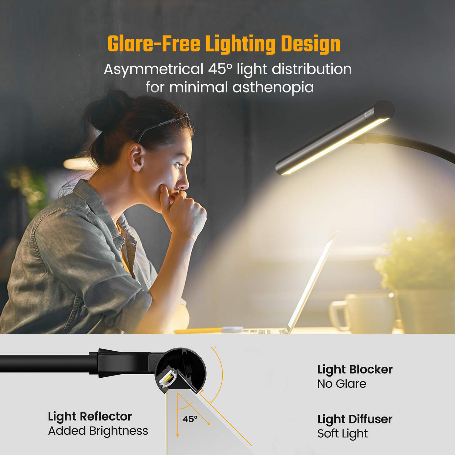 Desk Lamp for Home Office, Eye-Caring Desk Light with Adjustable Gooseneck, 12W Touch Control Dimmable Brightness, Architect Clamp Lamp for Computer Monitor