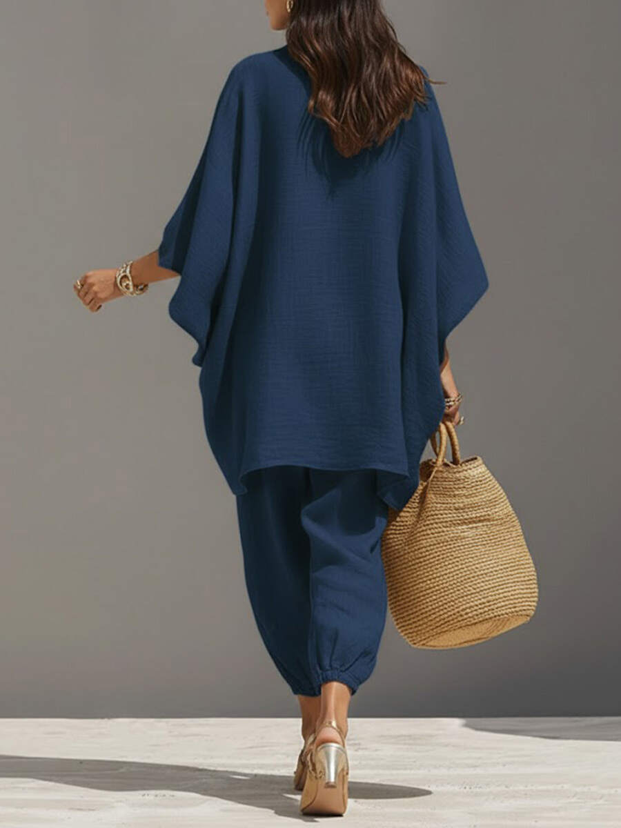 🔥Summer Arrivals🌟Women's Solid Color V-neck Long Sleeve Casual Loose Cotton Linen Top With Elastic Waist And Wide-leg Pants Set