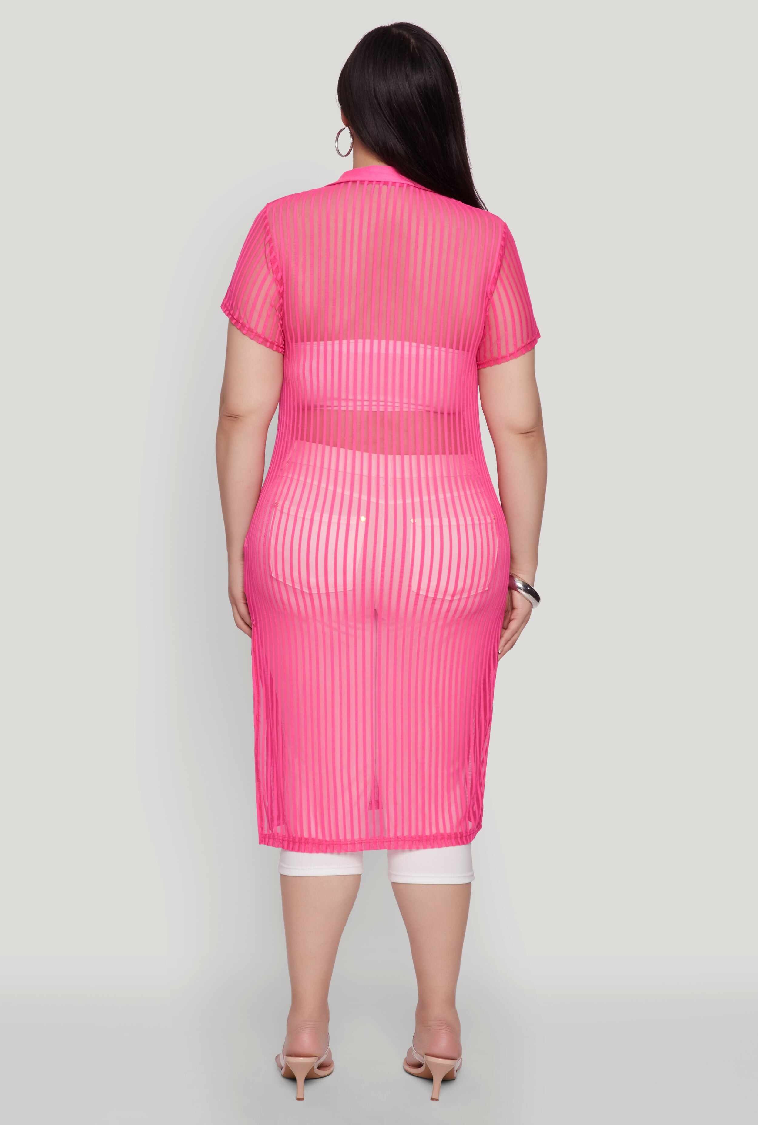 Plus Size Shadow Stripe Collared Mesh Top
