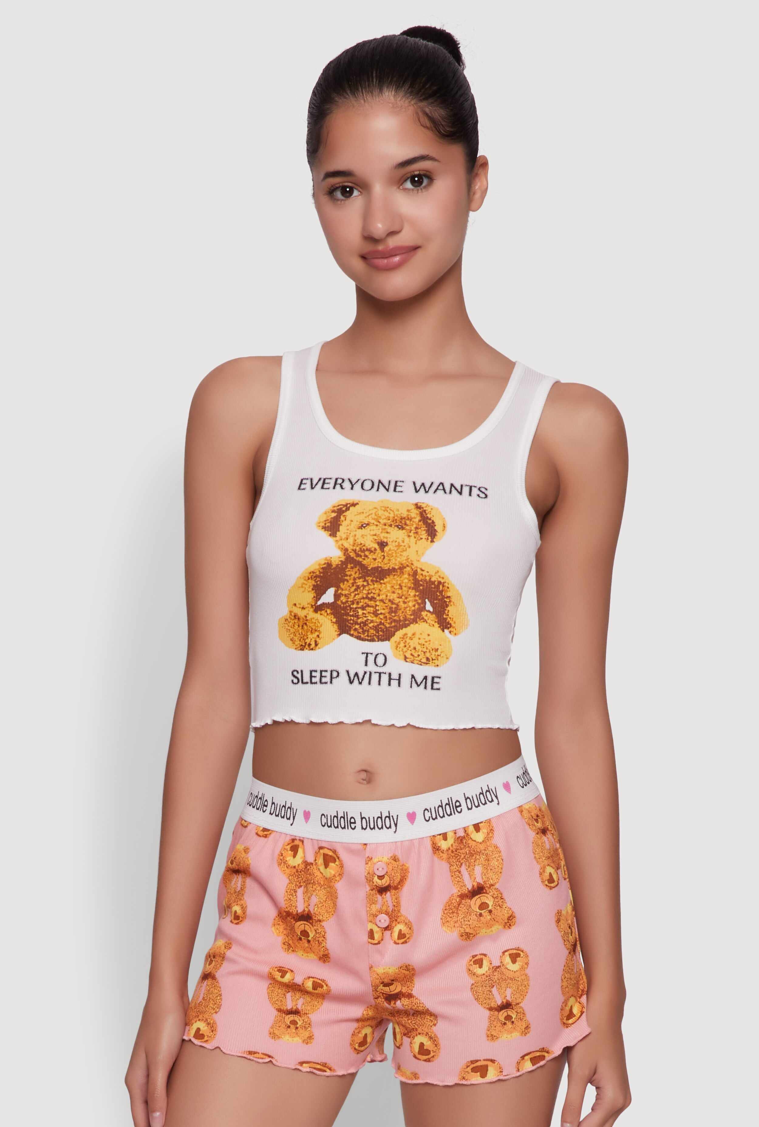 Trendy Graphic Ribbed Knit Sleeveless Pajama Set with Teddy Bear Print