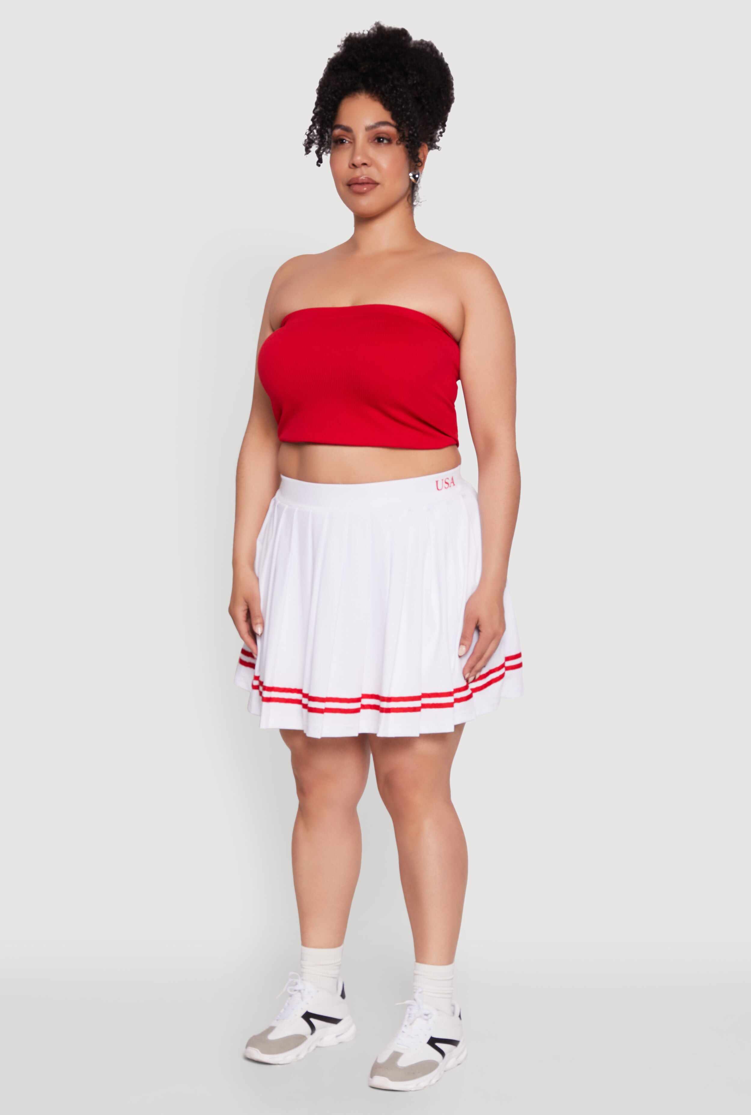 Plus Size Trendy High Waisted Graphic Pleated Varsity Stripe Skirt