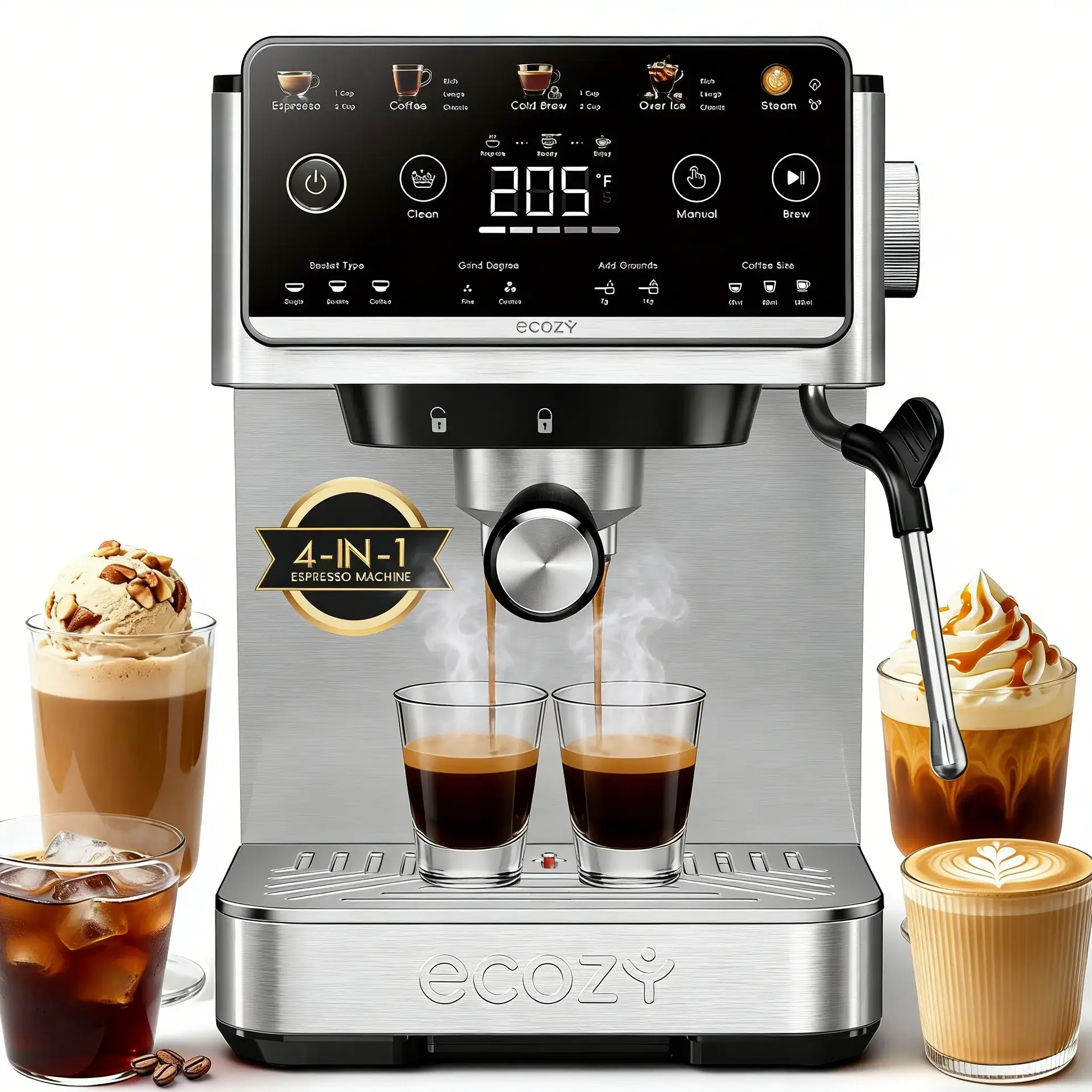 4-in-1 Espresso Machine  LED Touch Screen, 20 Bar Pump - Home Coffee Bar, Drip Coffee, Cold Brew and Over lce Machine, Intergrated Milk Frother, Stainless Steel, Brezzano Elite Series for Cappuccinos, Lattes, Americanos