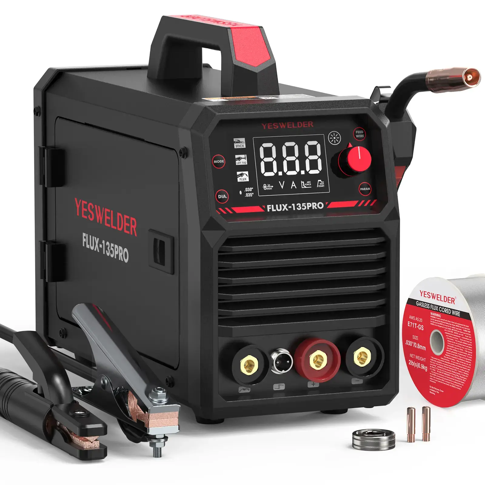 FLUX-135PRO 135Amp 110V Flux Core MIG Welder, Gasless MIG/Lift TIG/Stick 3-in-1 Welding Machine, Digital Display DC IGBT Synergic Control